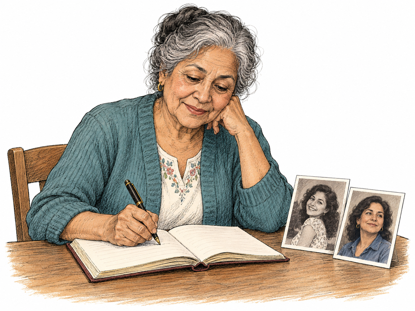 An older writer writes in an open manuscript beside two small personal photographs showing that same person at younger ages, linking the written account to her own life; page faces turned away so no readable text.