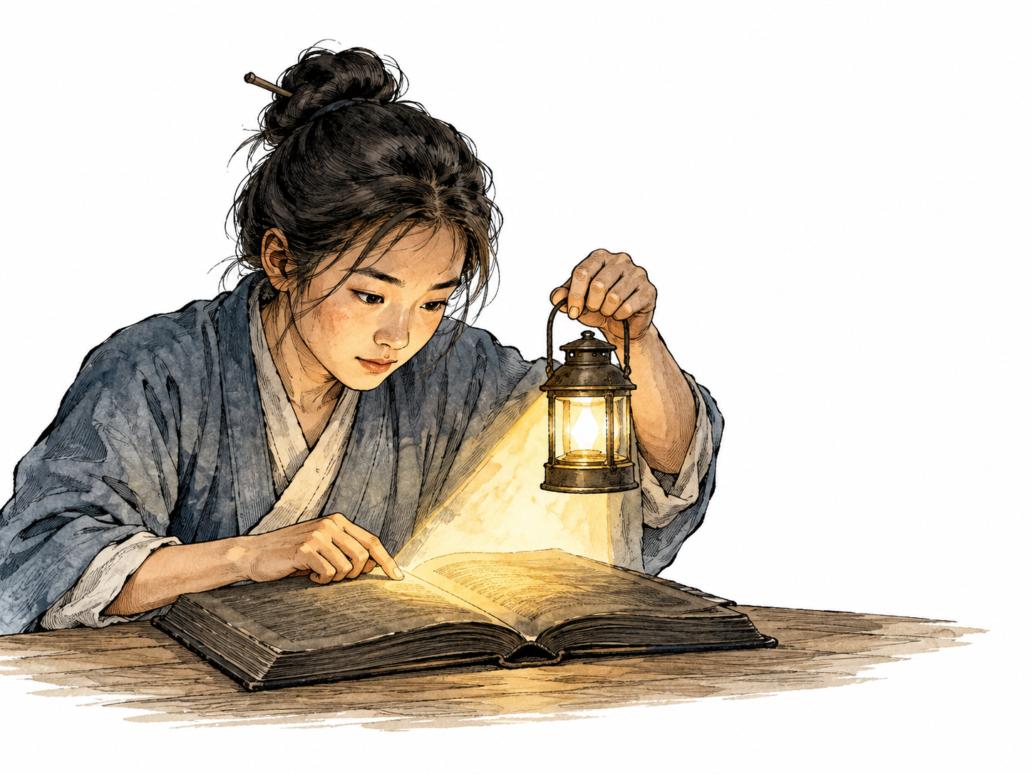 An East Asian reader shines a small lamp onto a dark page so its details become visible.