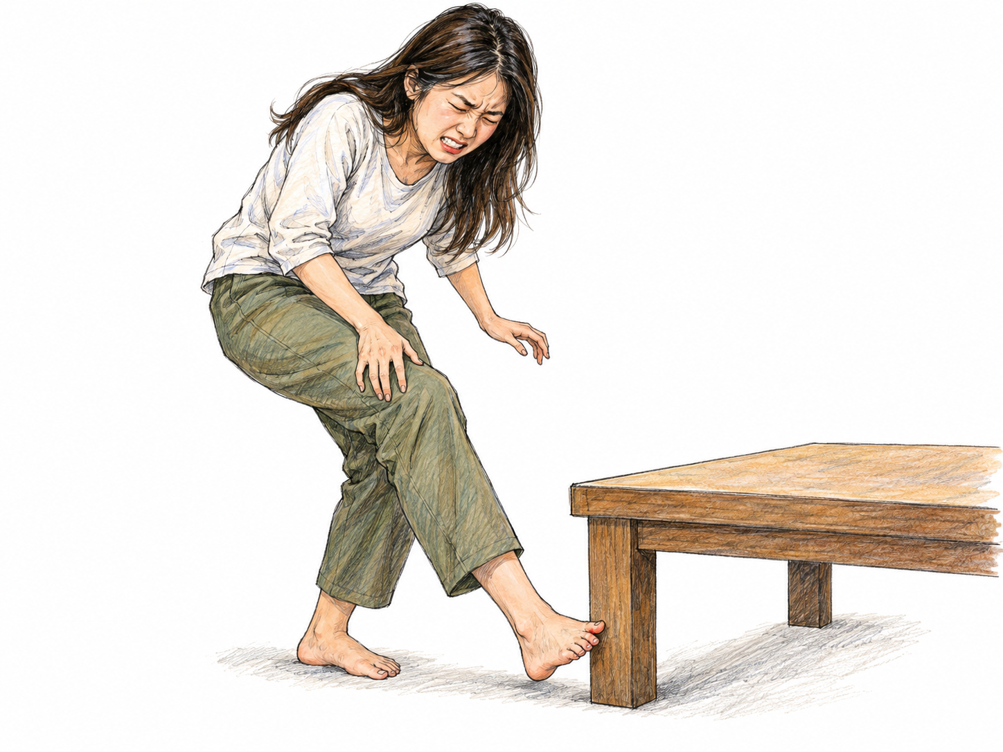 A woman accidentally strikes her bare toe against the leg of a low table, visibly recoiling in pain.