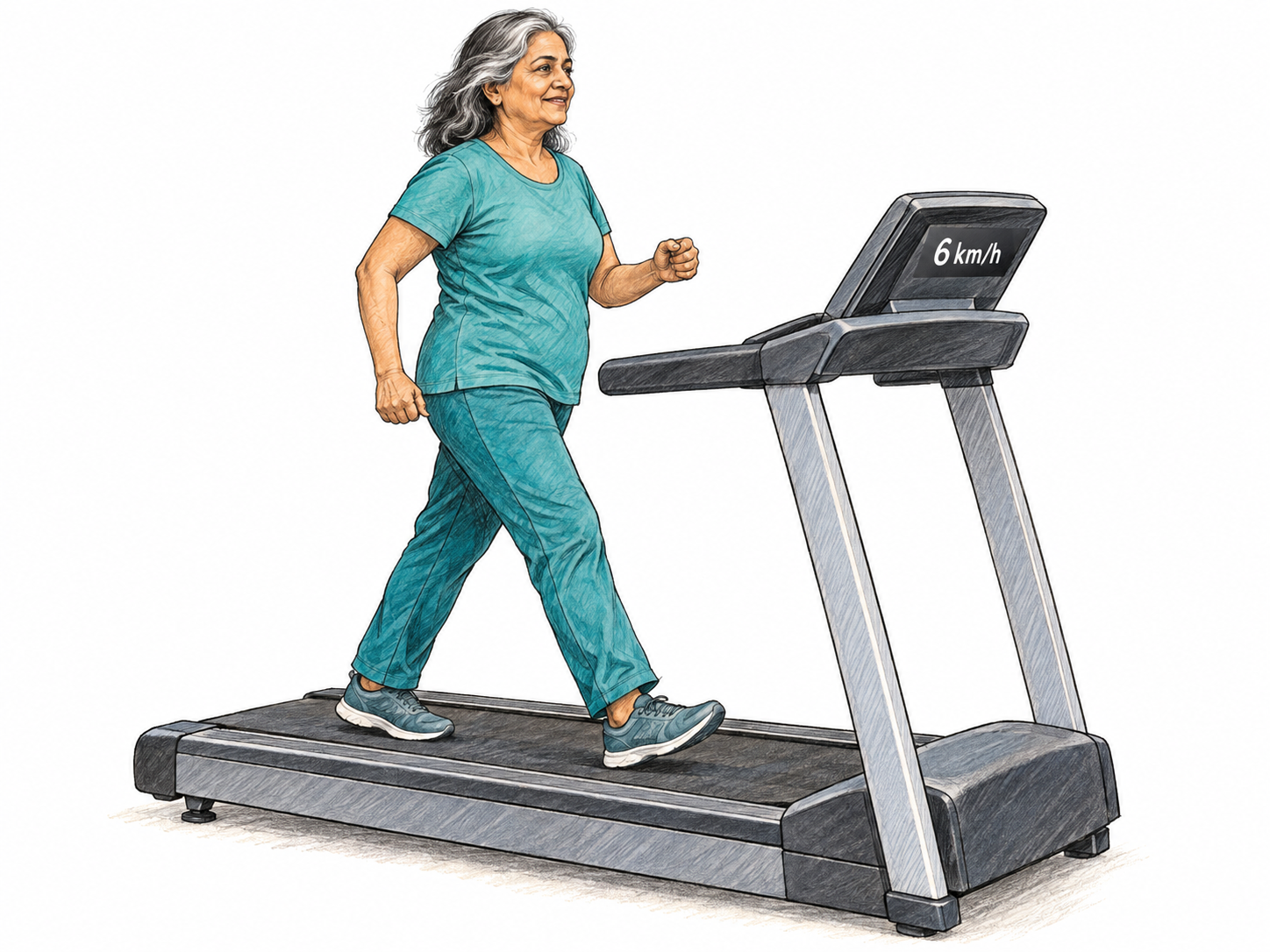An older woman walks briskly on a treadmill whose clearly visible speed display ties her moving stride to a measurable pace.