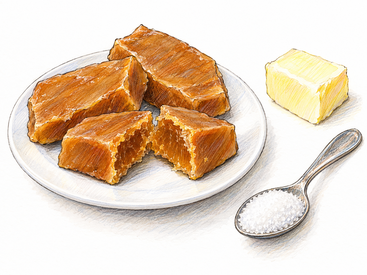 A small pile of golden-brown toffee pieces on a plain white saucer, with one broken piece revealing its dense interior; a small butter pat and a spoonful of sugar nearby provide restrained ingredient cues.