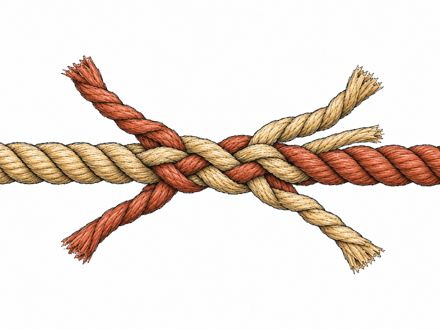 Close-up of two three-strand rope ends being joined by a short splice, with their loosened strands visibly interwoven into one continuous rope rather than tied in a knot.