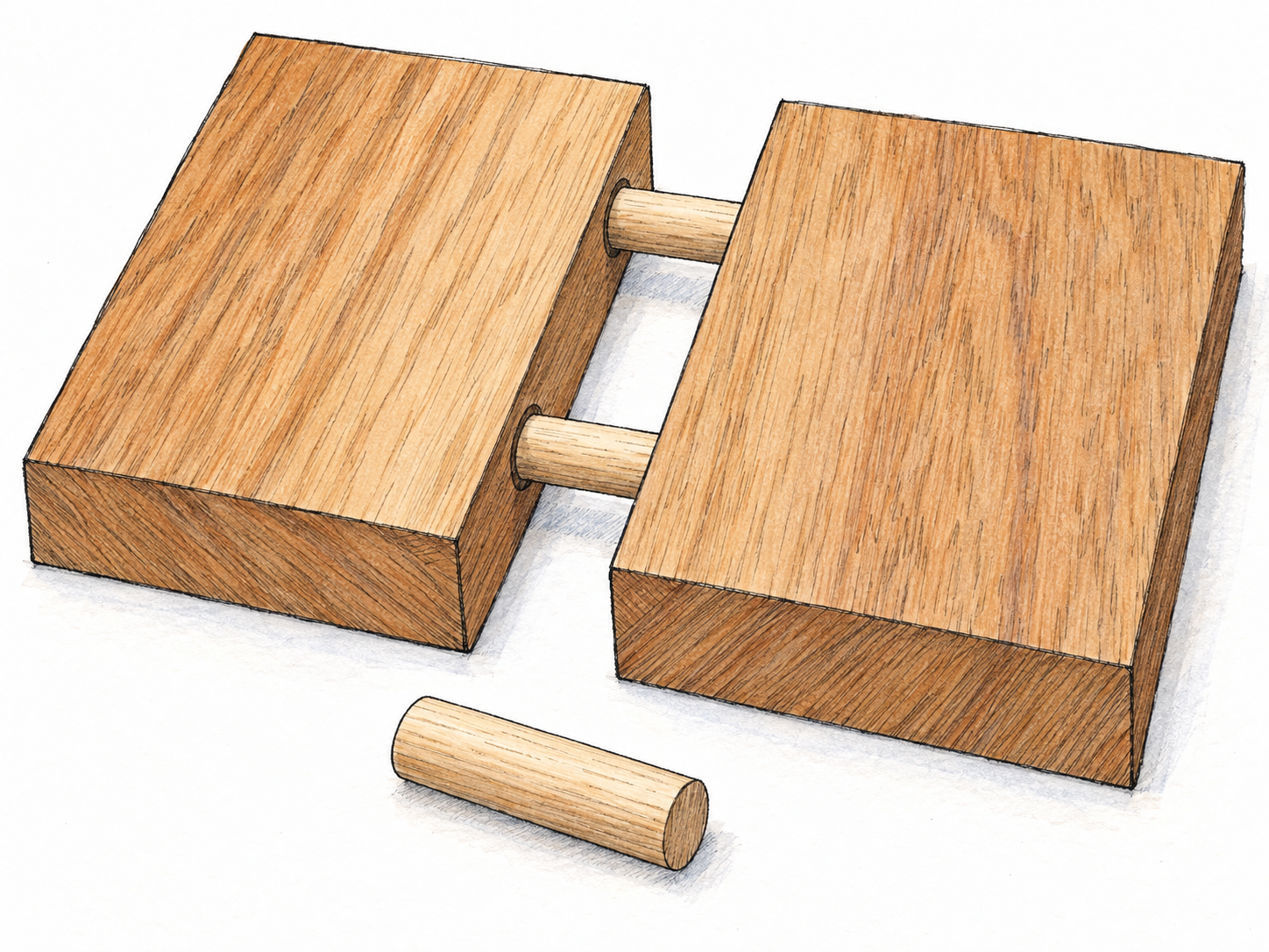 A close-up of two wooden boards partly joined edge-to-edge by short cylindrical dowels, with the exposed connectors bridging a narrow gap and one matching loose dowel in front.