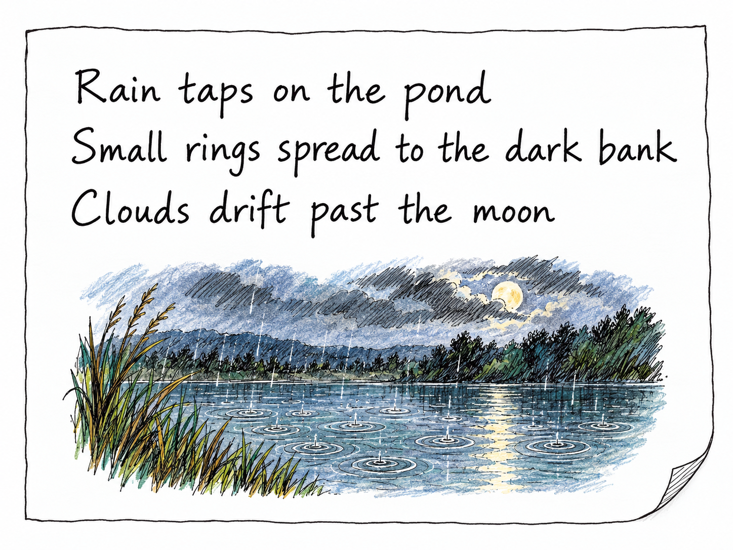 A small poetry sheet bearing an original three-line, 5–7–5 English haiku, with a restrained ink-and-wash pond vignette.