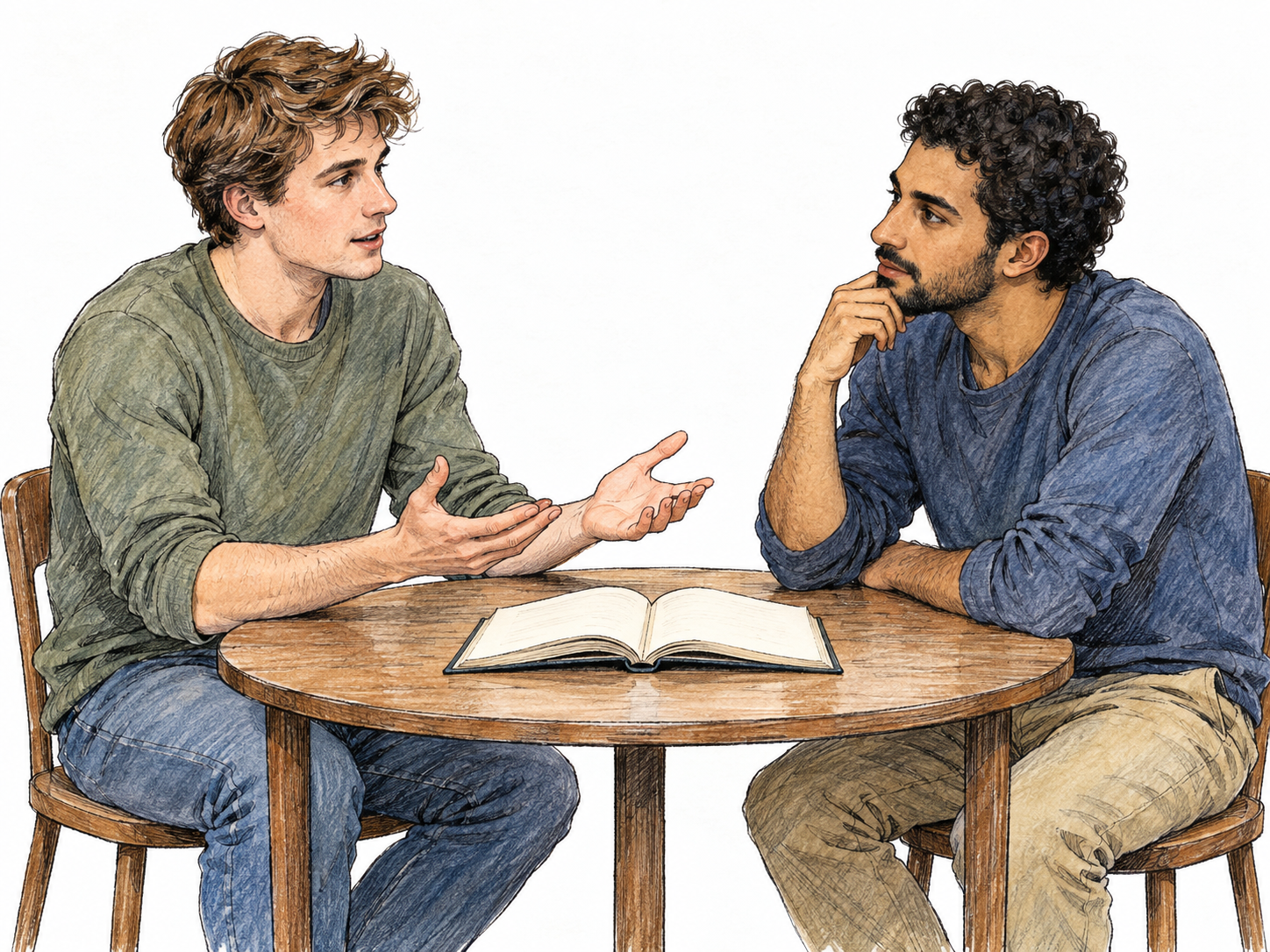 Two young adults engage in a thoughtful philosophy discussion across a small table, with an open, unmarked book between them.