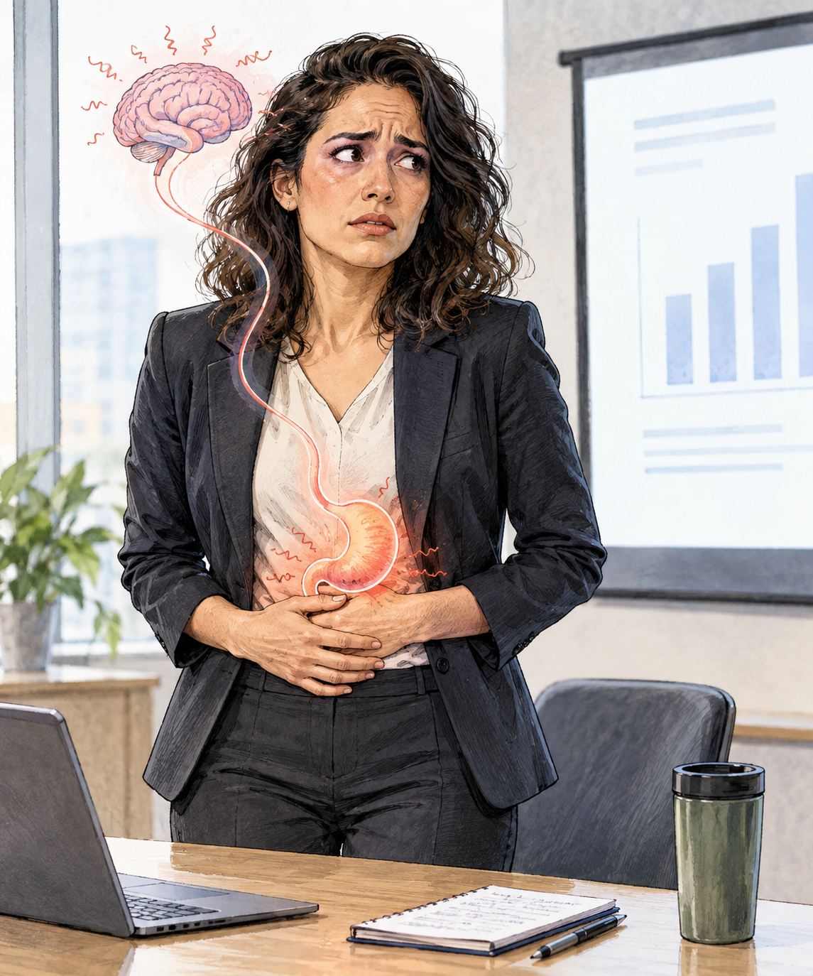 An anxious adult awaiting presentation holds a tense stomach; subtle connection between worried expression and physical discomfort, no dismissiveness.