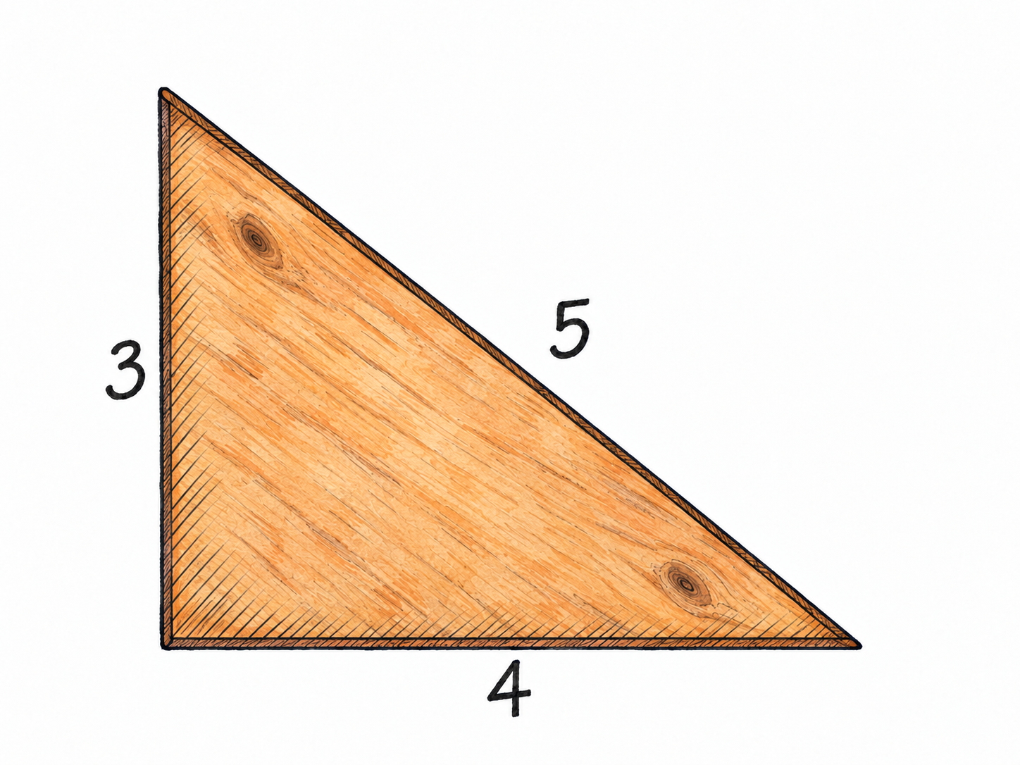 A single flat wooden triangle with unmistakably unequal side lengths, shown face-on with its three sides marked 3, 4, and 5.