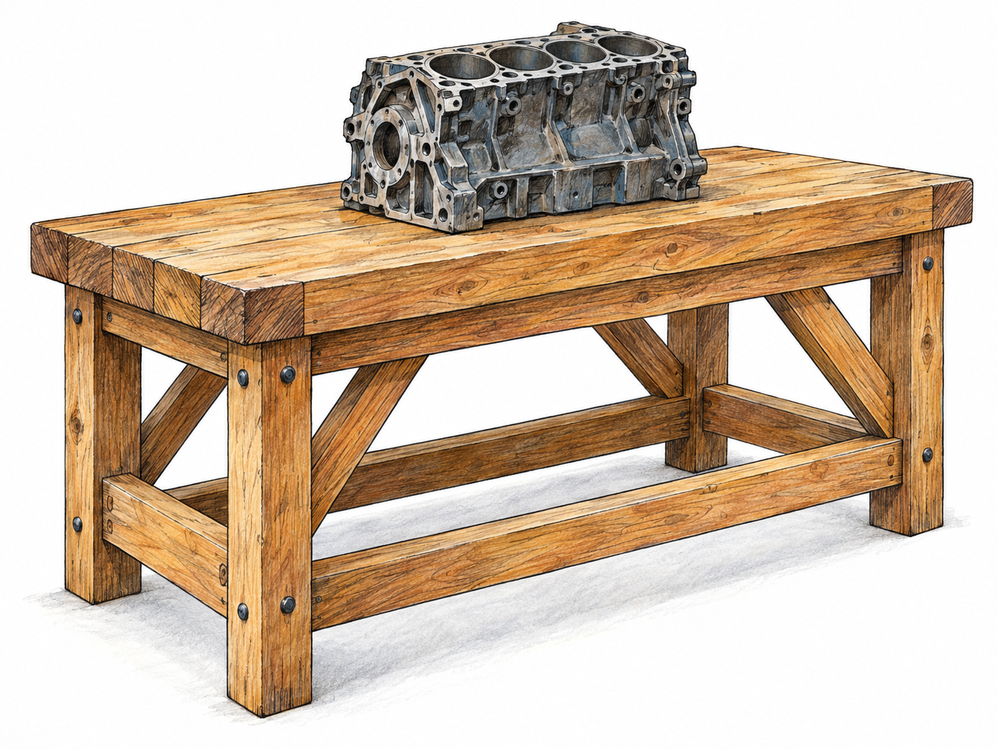 A stout wooden workbench supports a heavy engine block without bending or damage; thick legs, substantial cross-bracing, and solid joints make its strong construction immediately visible.