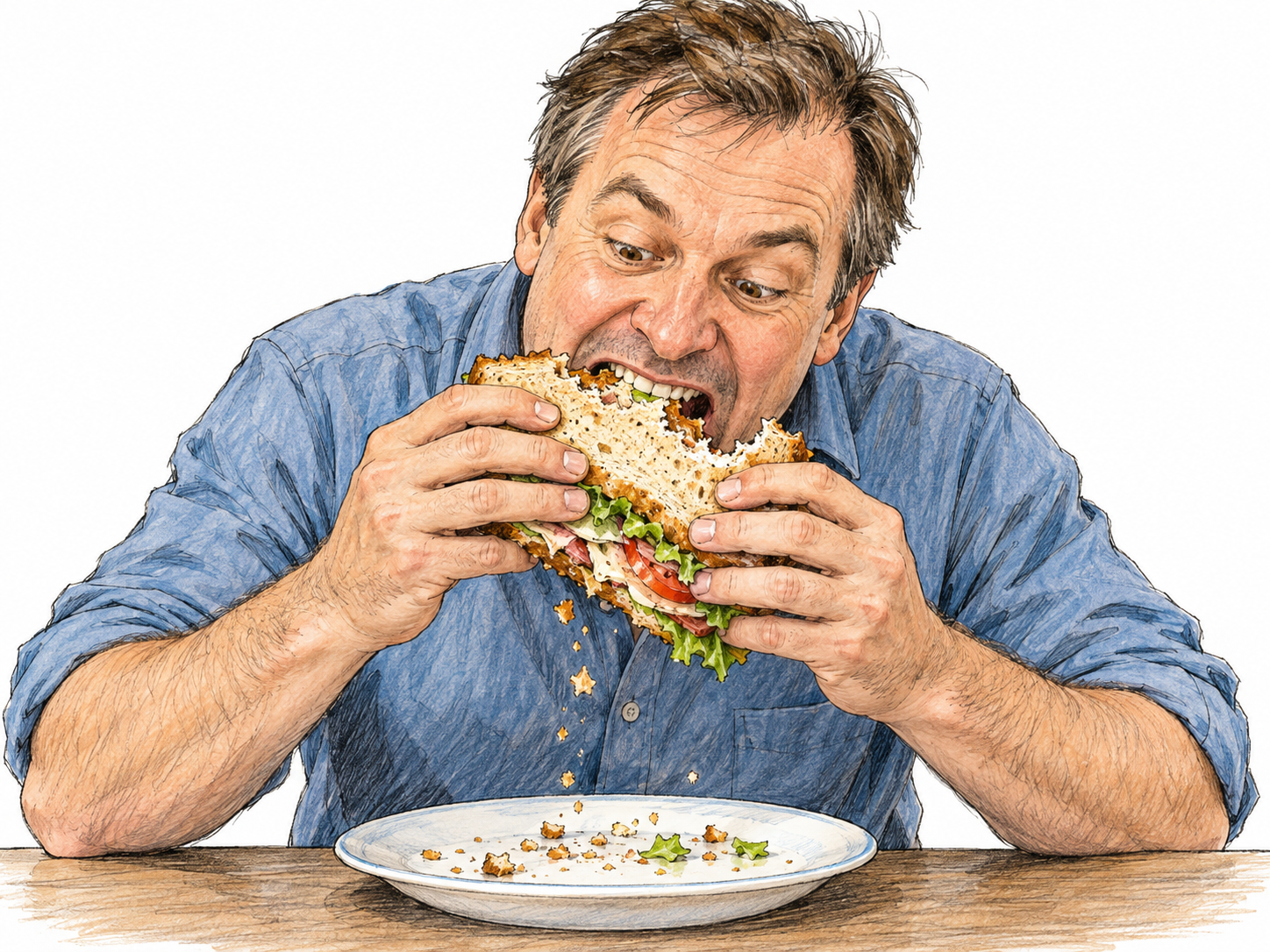 A hungry man leans eagerly over a plate and takes a large bite from a thick sandwich held in both hands; several large bites are already missing, and crumbs fall onto the plate.