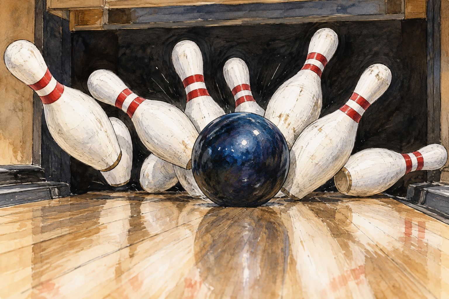 A bowling ball strikes a cluster of bowling pins at the end of a lane, several pins visibly recoil and tip outward at the contact moment, dynamic but physically plausible forceful collision.