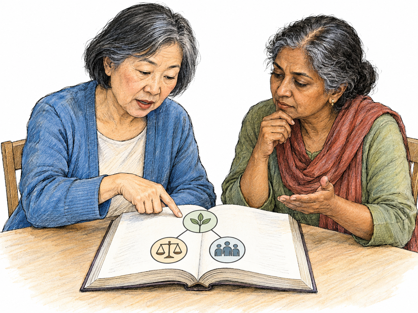 Two older women study and discuss a shared philosophical system, referring to one open book whose simple connected pictograms suggest a coherent set of principles rather than unrelated opinions.