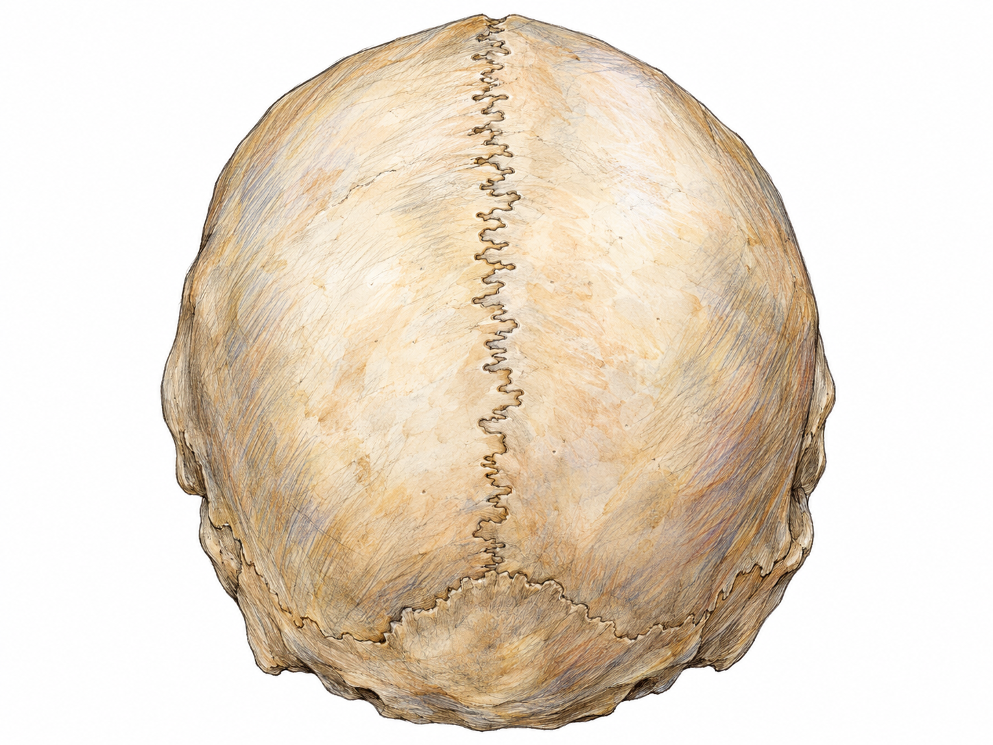 A close view of an unlabelled human skull specimen from above and slightly behind, emphasizing the interlocking, seamlike sagittal suture joining the two parietal bones.