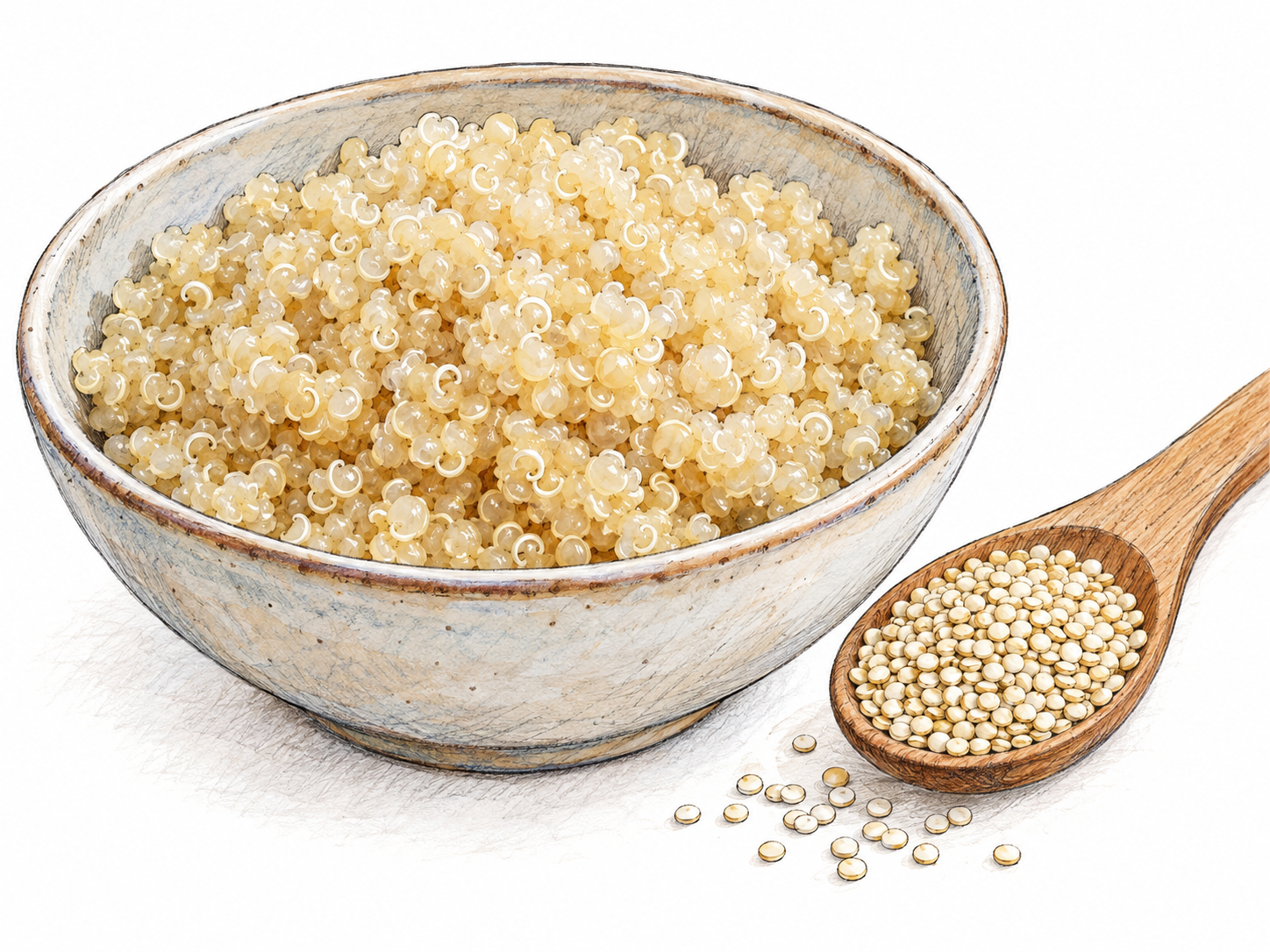 A simple food still life pairing dry quinoa seeds with cooked quinoa, whose distinctive curled germ rings make the seed recognizable.