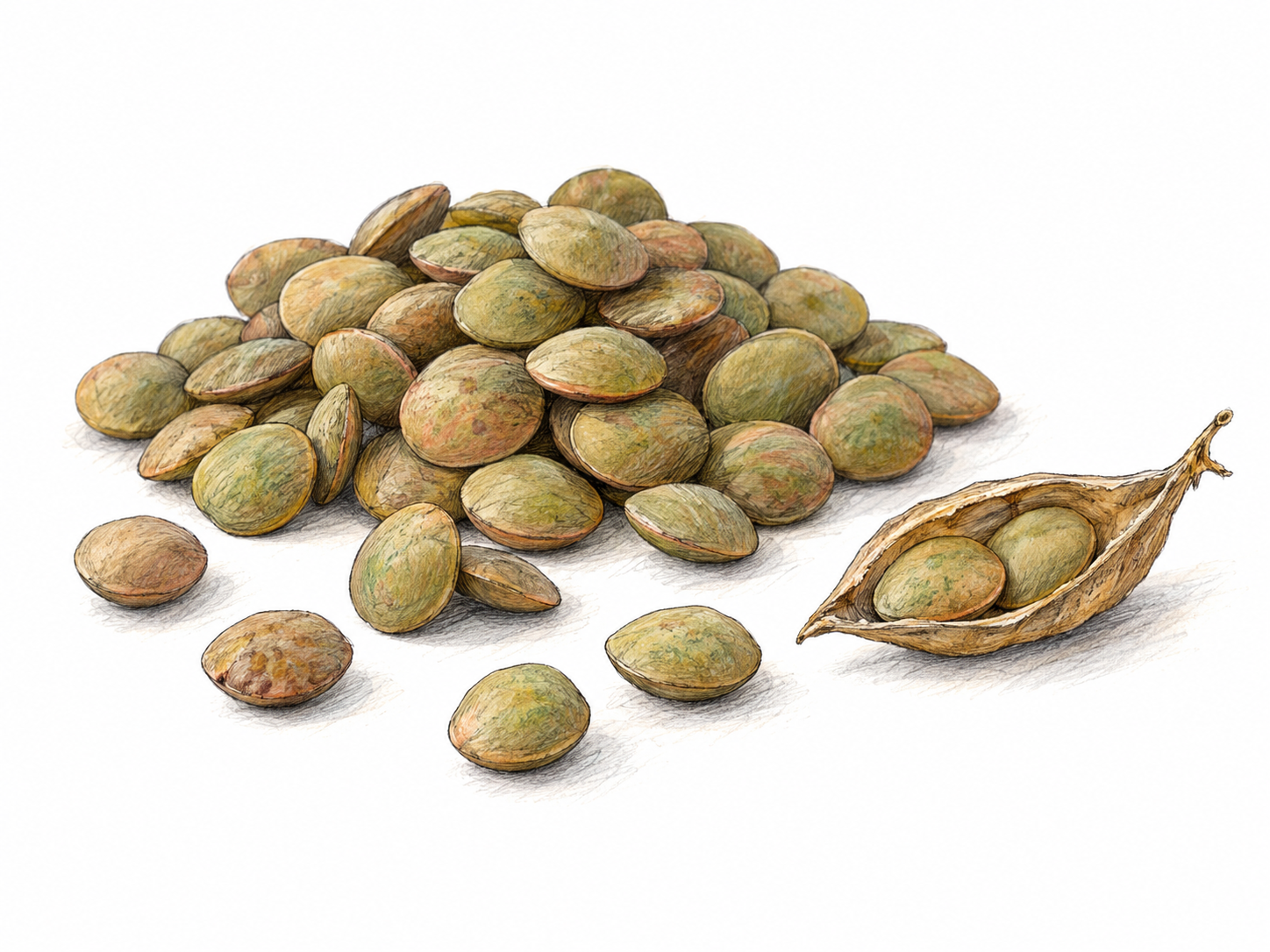 A close-up of whole green-brown lentils, with a few tilted seeds revealing their thin, flattened lens shape.