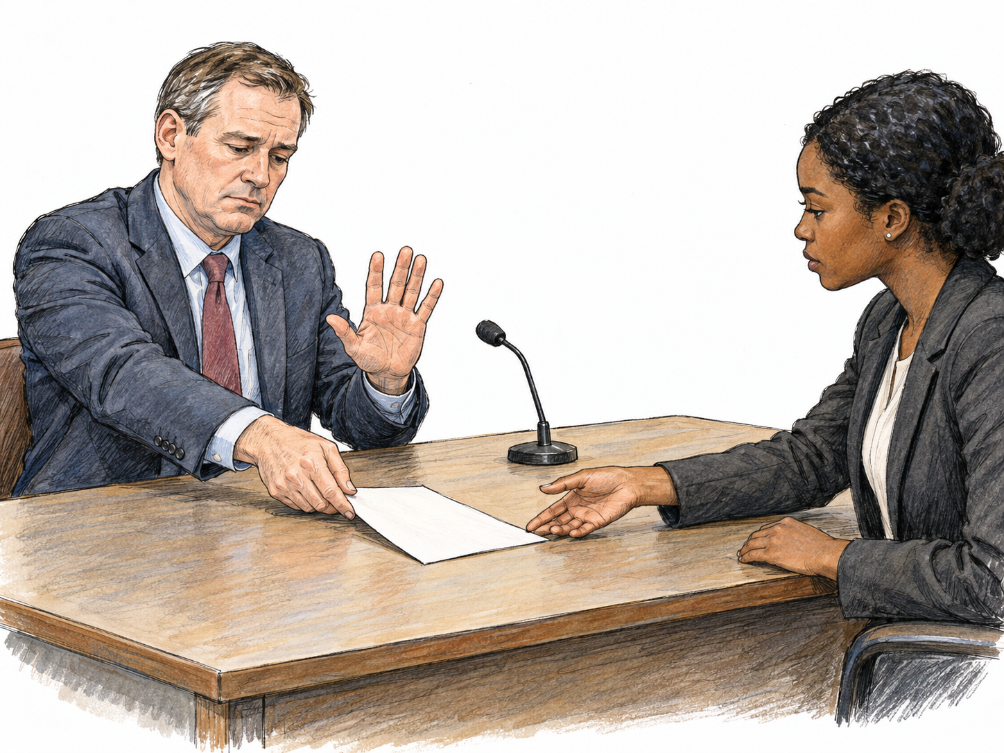 At a simple formal hearing table, a speaker publicly withdraws his earlier statement, sliding his statement sheet away with one hand while raising the other in a sober, open-palmed gesture.