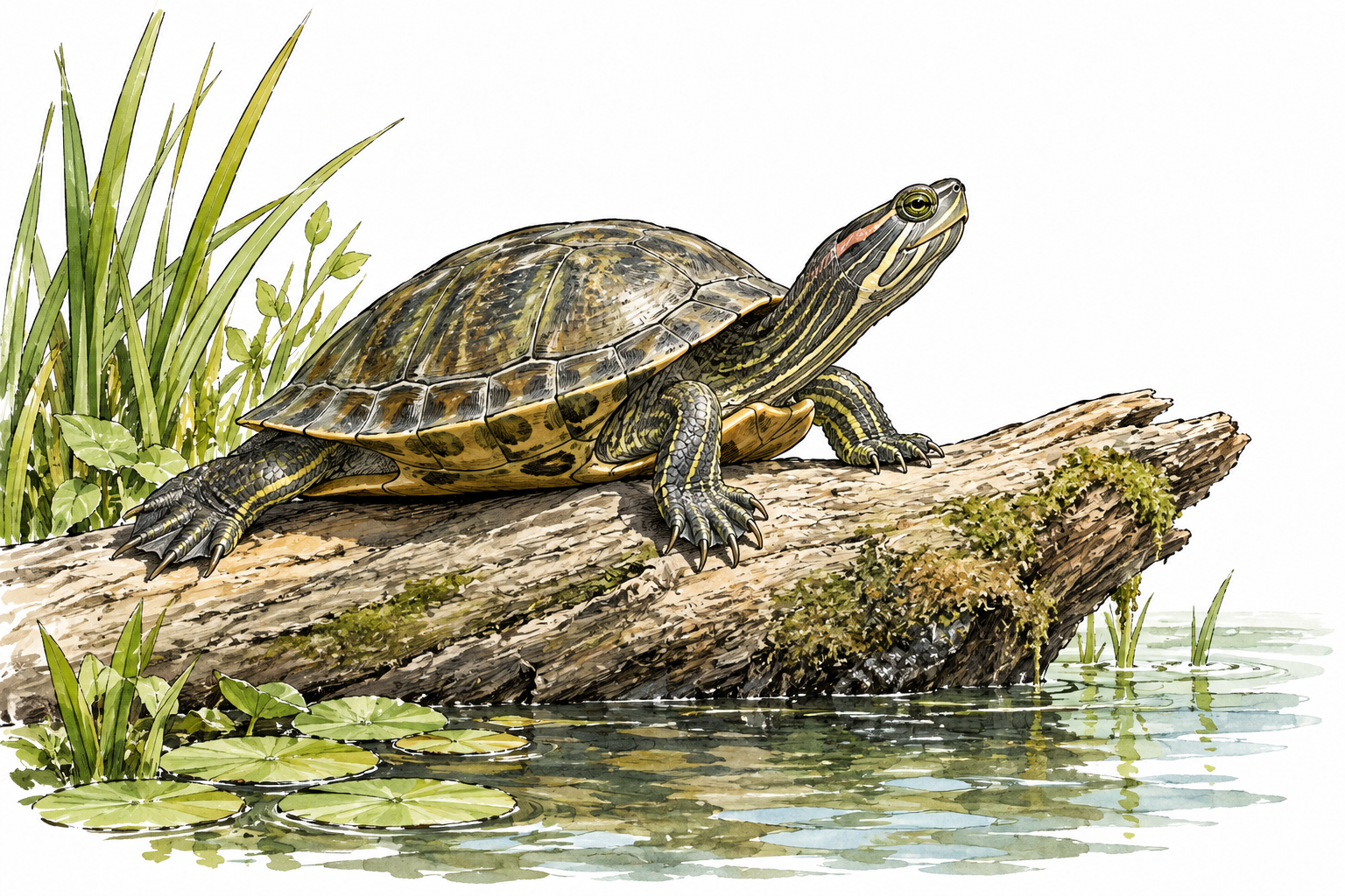 A realistic freshwater turtle with hard protective shell, four webbed feet and head extended, resting on a log at the edge of a pond; not a frog.