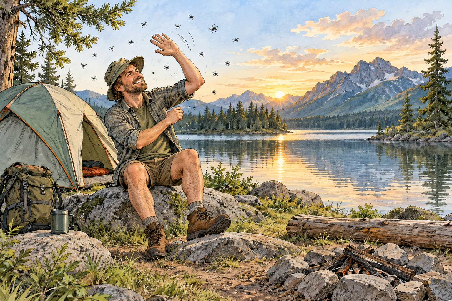Happy camper admires scenic lakeside tent while swatting abundant mosquitoes, visible disadvantage of otherwise pleasant camping, no words.
