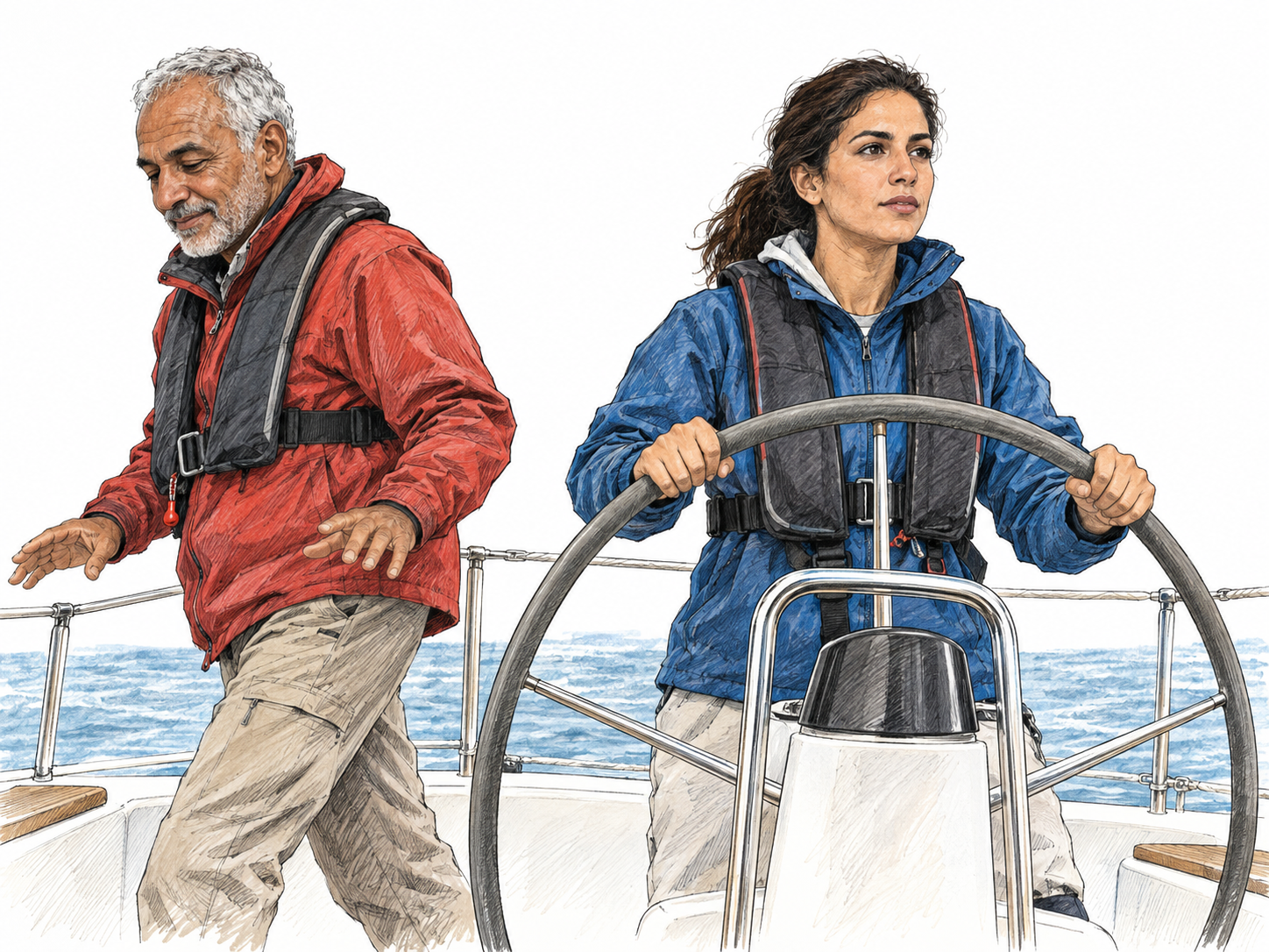 An older sailor steps away from a boat's helm with open, withdrawn hands as a younger sailor takes his place and grips the wheel, visibly transferring control of the vessel.