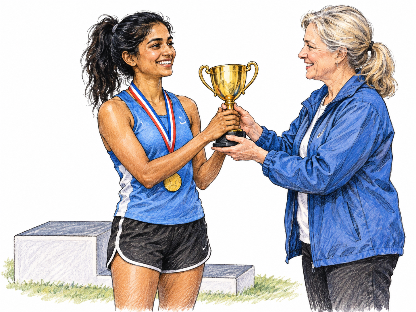 The organizer presents a simple gold cup to the smiling runner beside a low podium step; medal ribbon and raised cup communicate an earned award, no lettering or numbers.