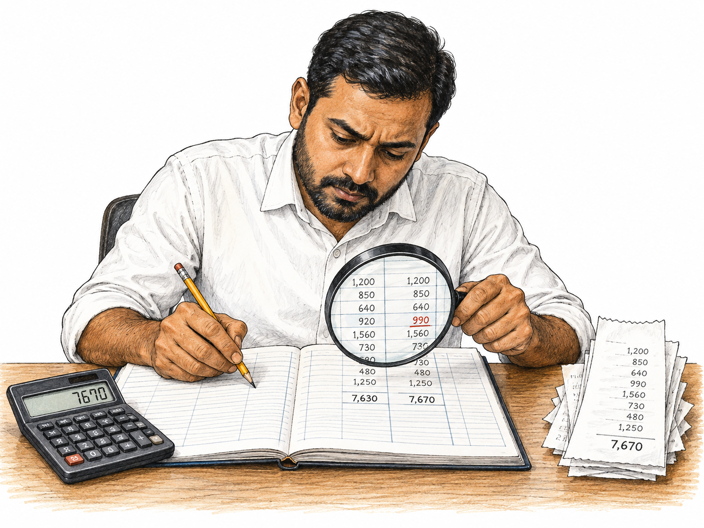Auditor compares ledger numeric columns against receipt totals with calculator and pencil, magnifying one discrepancy.