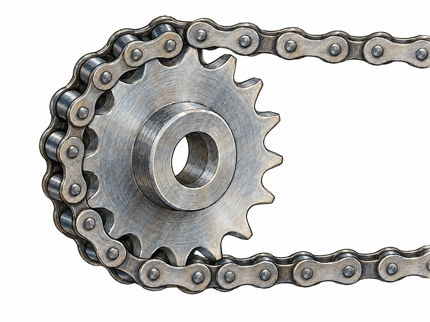 A close-up steel sprocket with a roller chain wrapped around half its circumference, clearly showing the teeth fitting between the chain rollers.