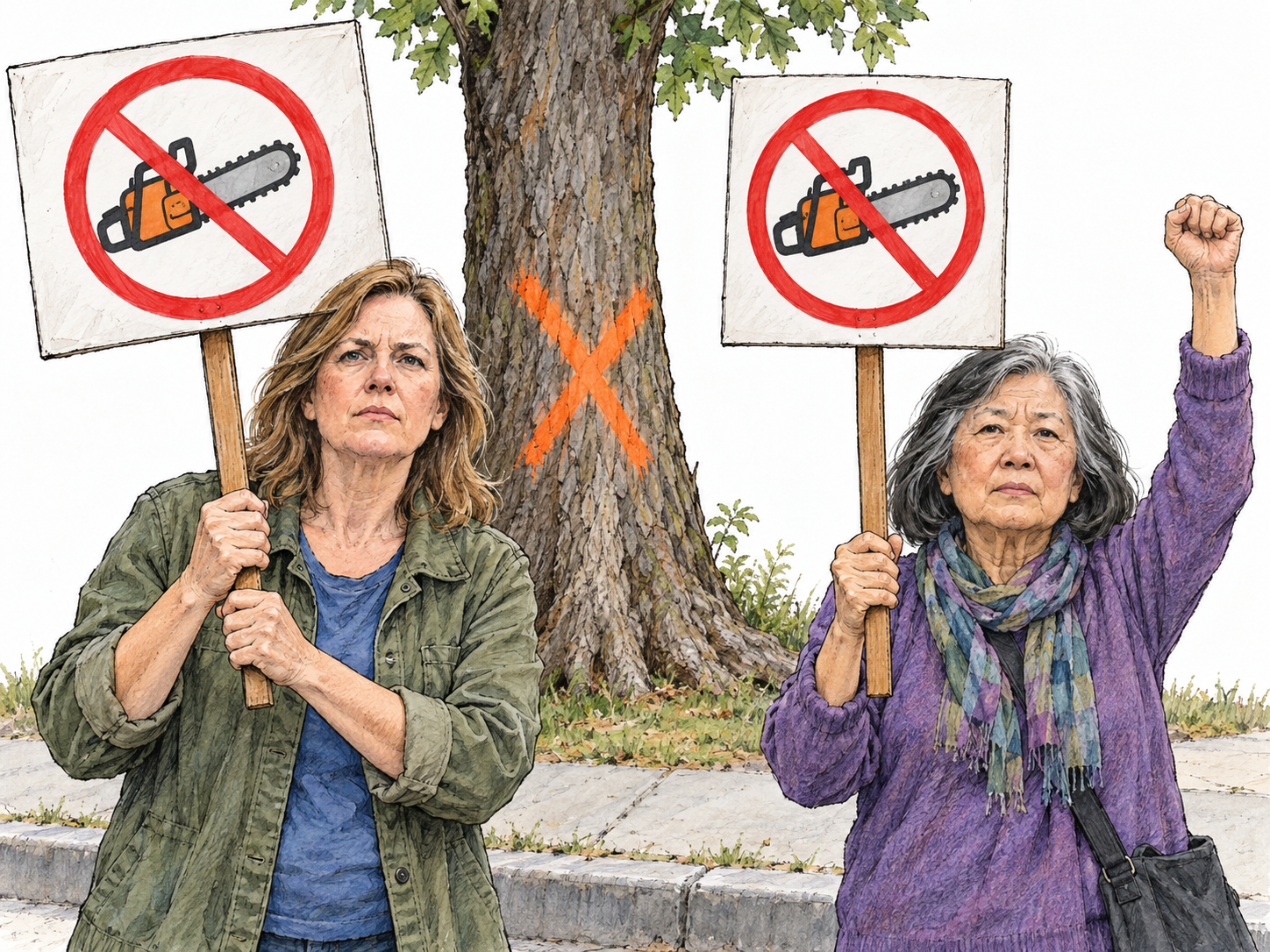Two demonstrators publicly object to tree removal, standing before a threatened mature tree with determined expressions and raised placards showing a chainsaw crossed out by a red prohibition symbol.