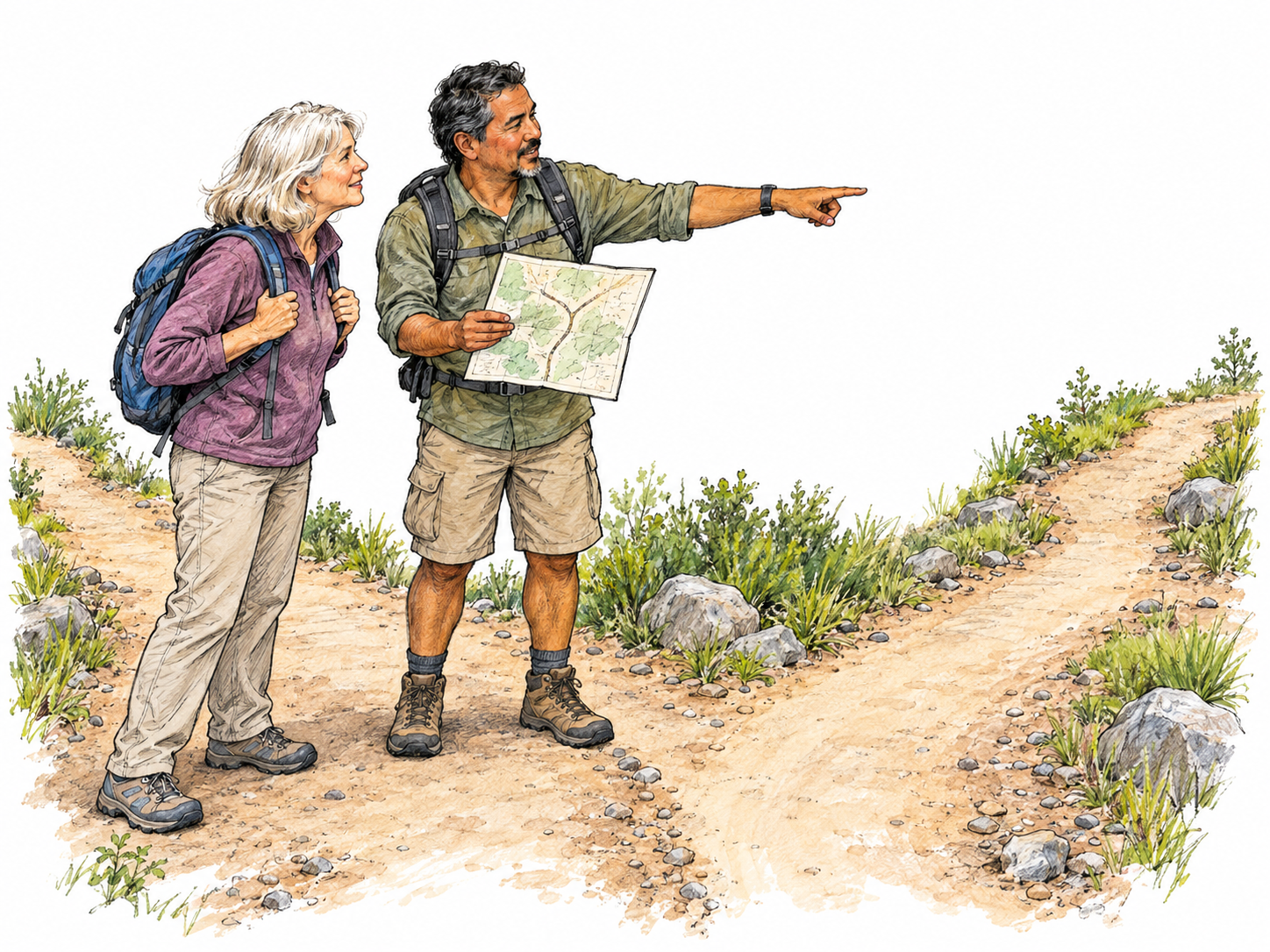 A hiking guide stands slightly ahead of a visitor at a fork in a trail, using an open trail map and a clear pointing gesture to show her which branch to follow.