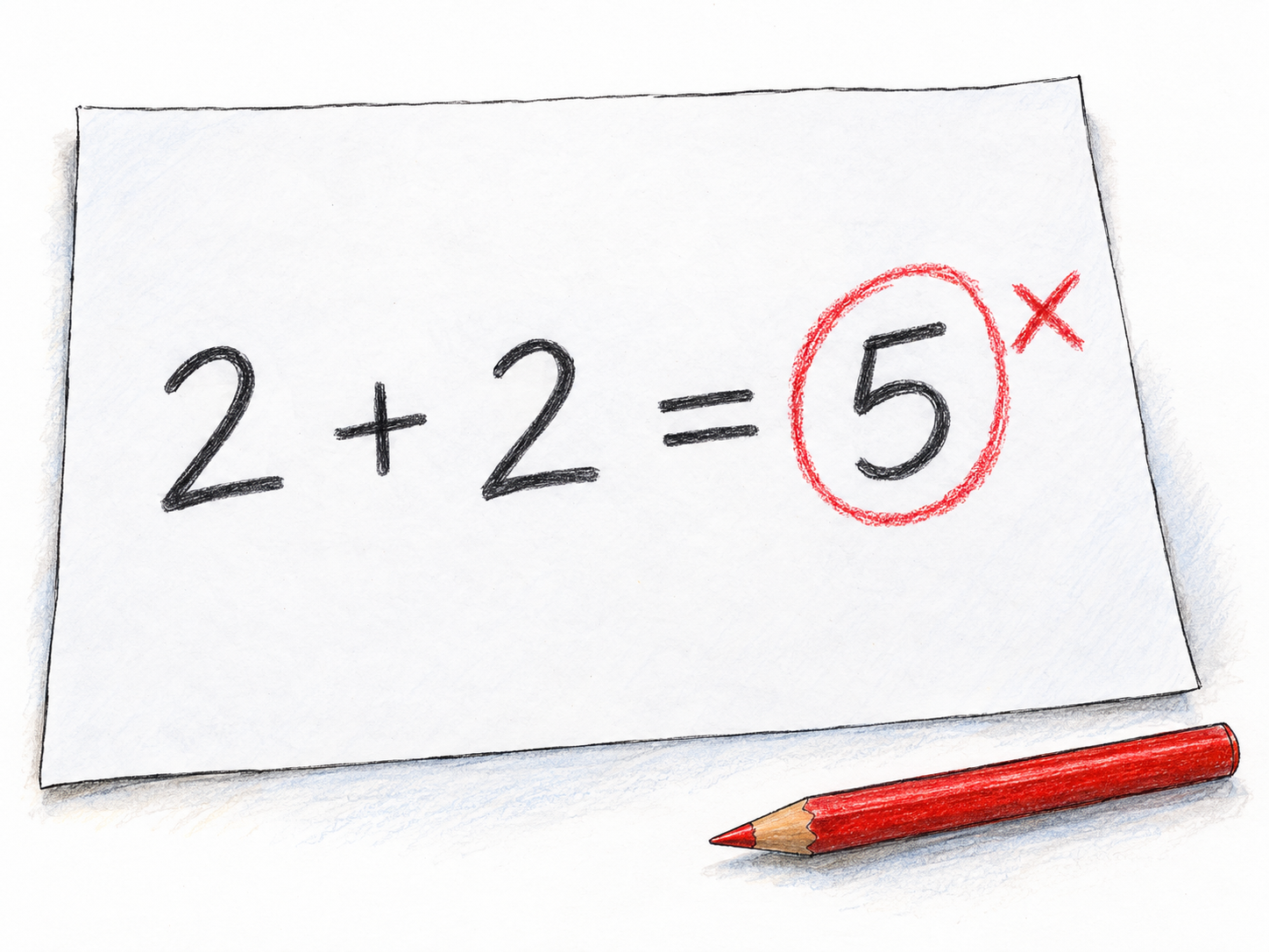 A simple arithmetic answer is visibly incorrect: a worksheet shows 2 + 2 = 5, with the wrong answer circled in red and marked with a red cross.