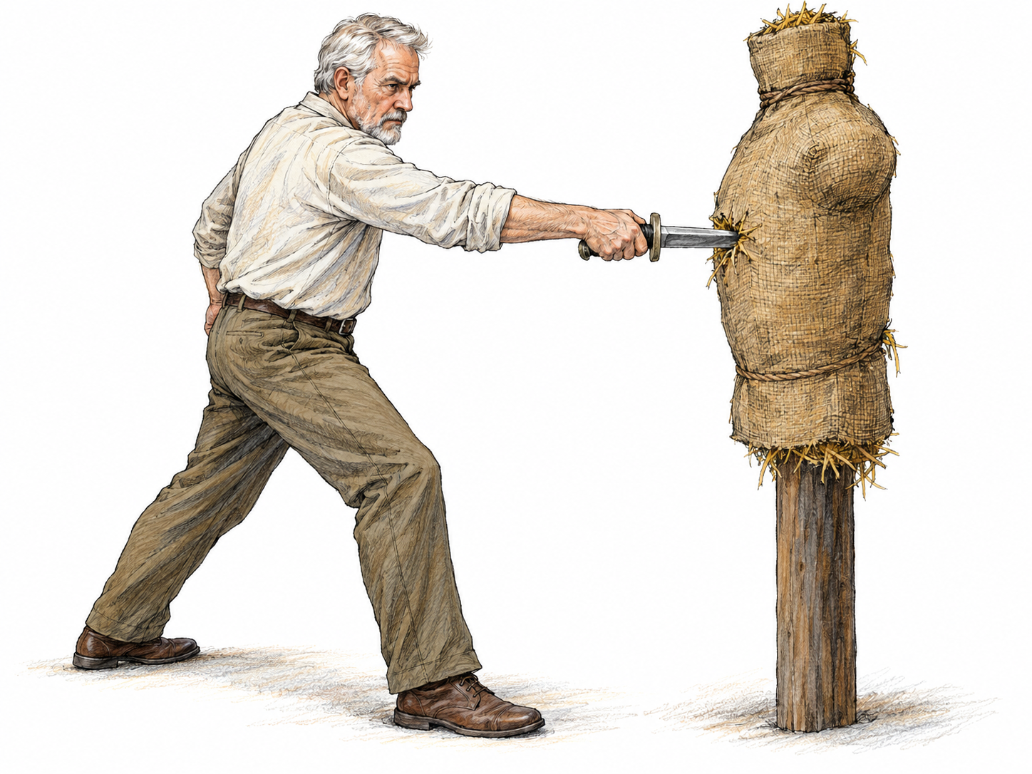 An older man practices a straight dagger thrust into a straw-filled training dummy; the embedded blade and compressed stuffing make the piercing action visible without depicting human injury.