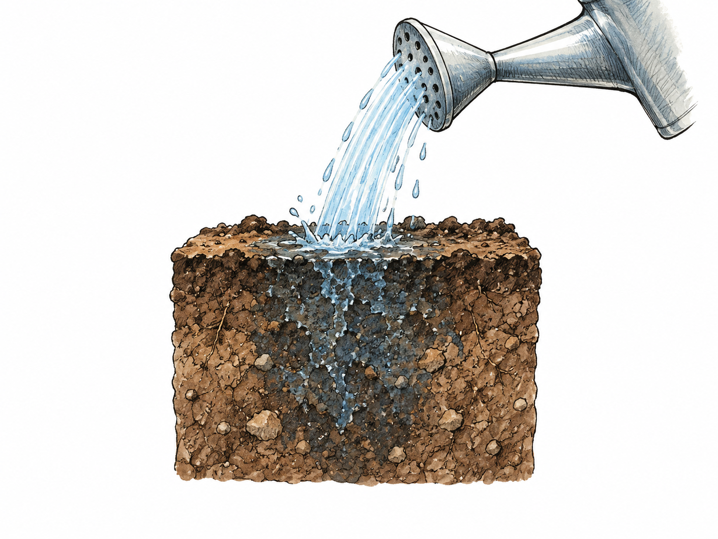 A small brown soil block shown in cutaway, with pale blue water poured from a plain watering-can spout into the top and visibly soaking down into the porous earth below the surface.