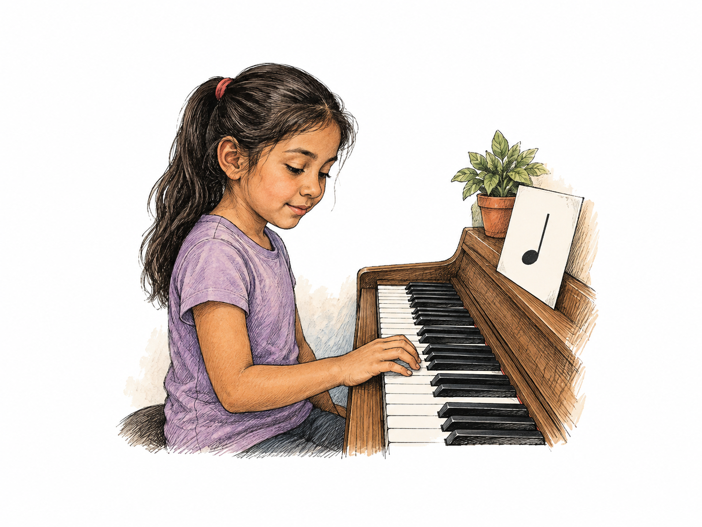 Beginner practices the most basic piano scale on small keyboard, one hand with clear five-finger placement, simple starting exercise, only essential small C note on nearby blank card.
