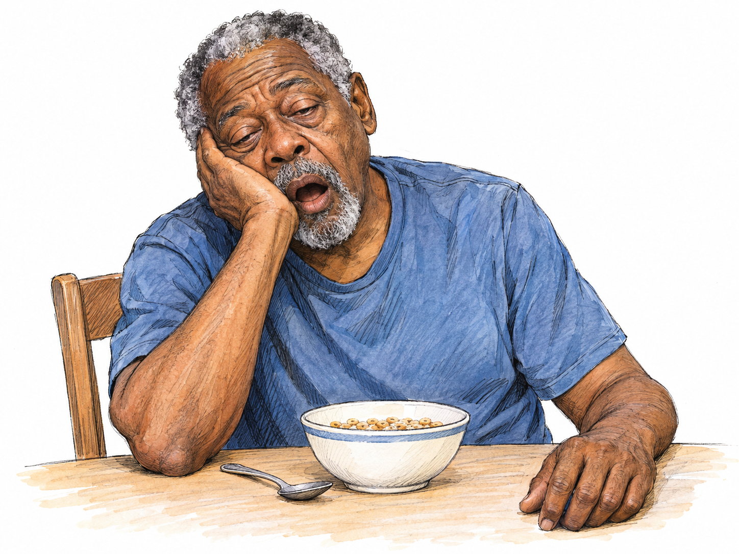 An awake but visibly drowsy older man sits slumped at a small breakfast table, cheek heavy in one hand, eyelids drooping and his other hand resting loosely beside an untouched bowl.