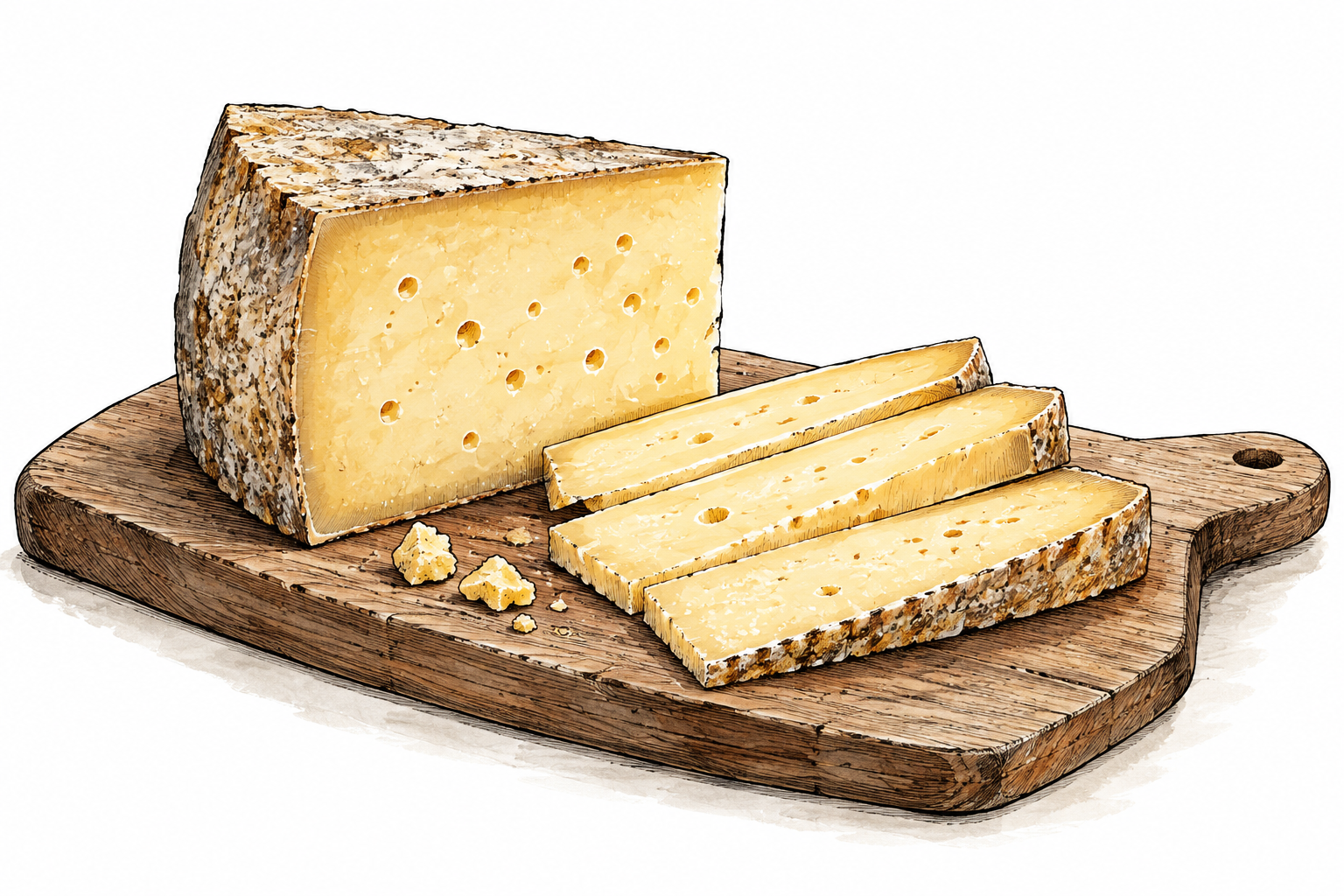 Wedge of firm cheese with rind and small holes on board beside sliced cheese, no labels.
