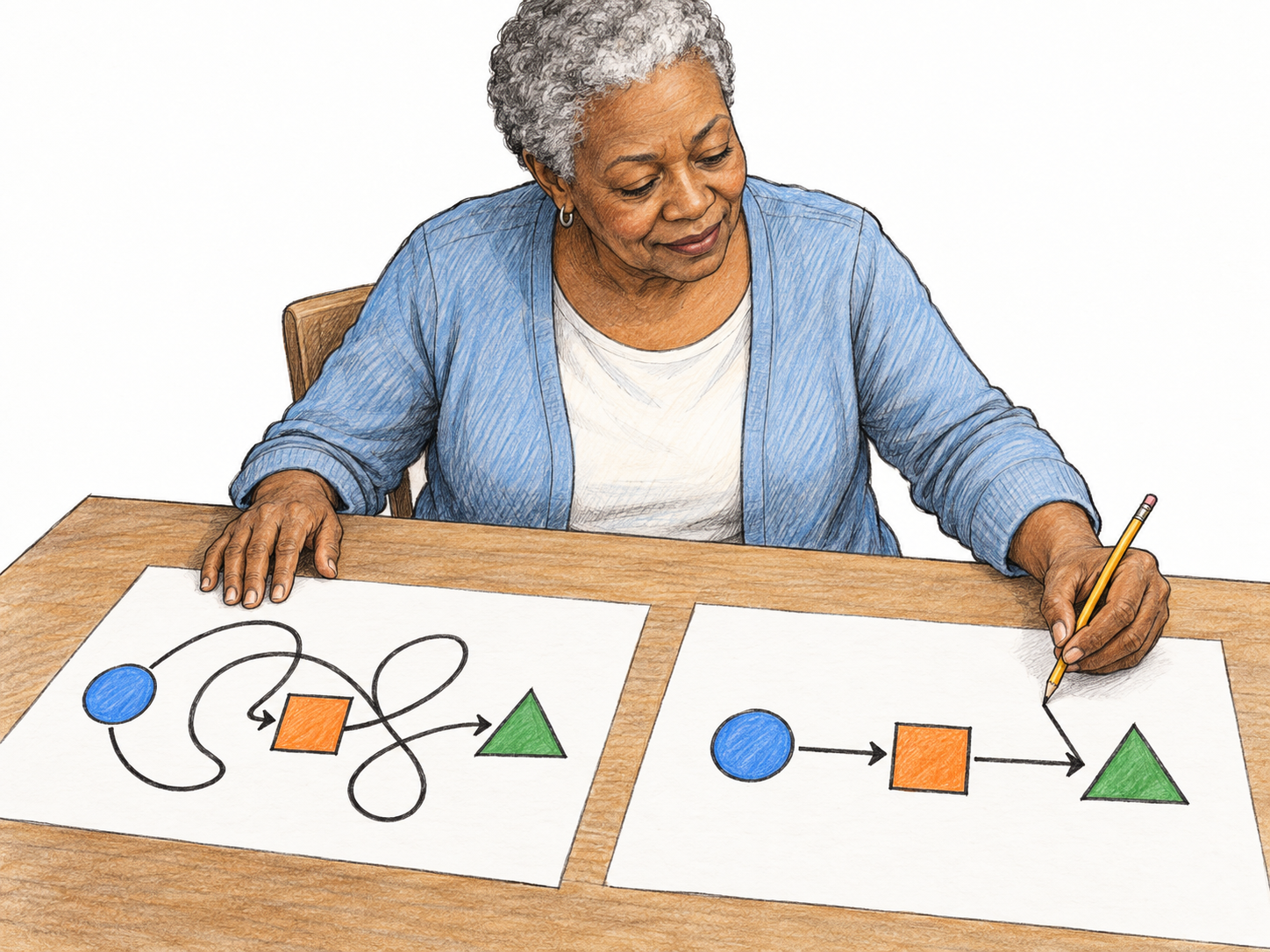 An older woman redraws a needlessly tangled three-step diagram as a clear, straight three-step sequence, preserving the same colored symbols while simplifying their connections.