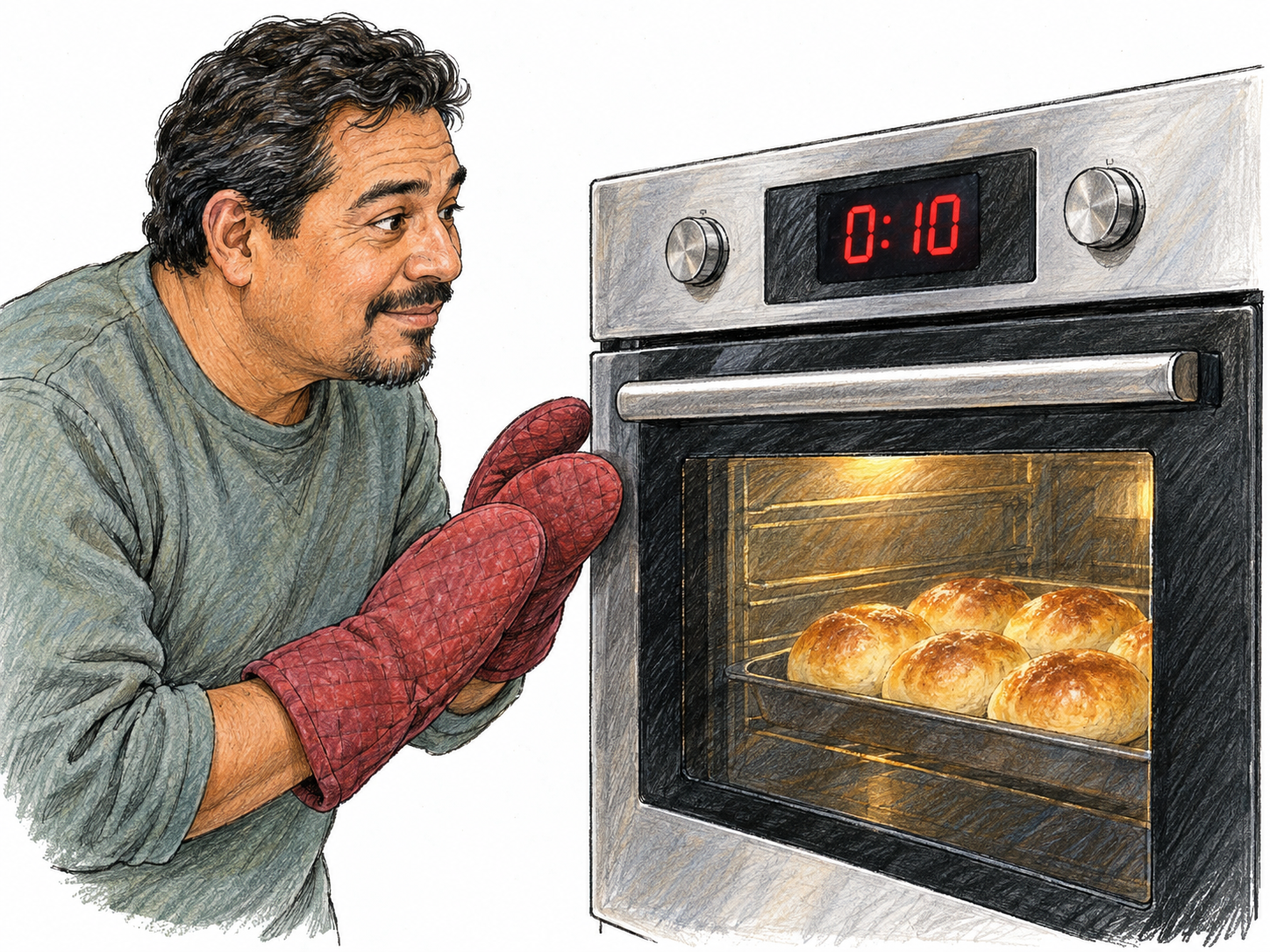 A baker waits beside an oven containing golden rolls, oven mitts poised, while the oven’s countdown shows only ten seconds remaining.