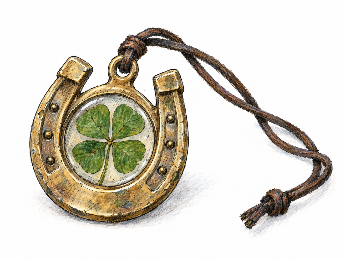 A well-worn lucky charm: a small horseshoe pendant enclosing a preserved four-leaf clover, attached to a simple carrying cord.