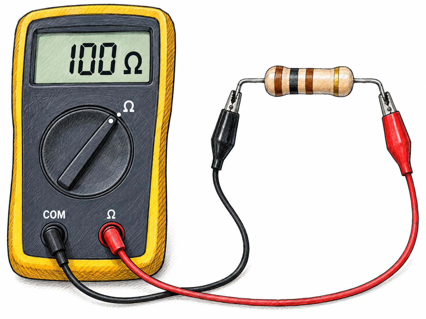 A digital multimeter measuring a single isolated resistor, with a prominent display reading “100 Ω” to make the electrical-resistance unit visible.