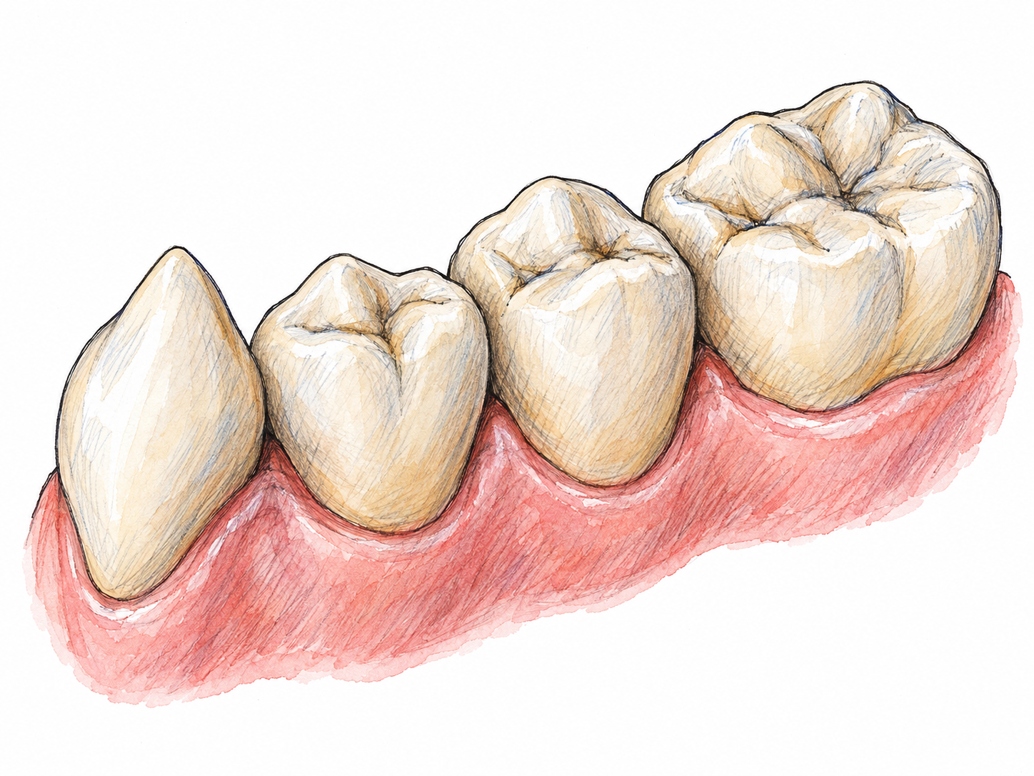 A close oblique view of a short natural tooth row, with a bicuspid's two distinct crown points clearly visible between a canine and the broader molars.
