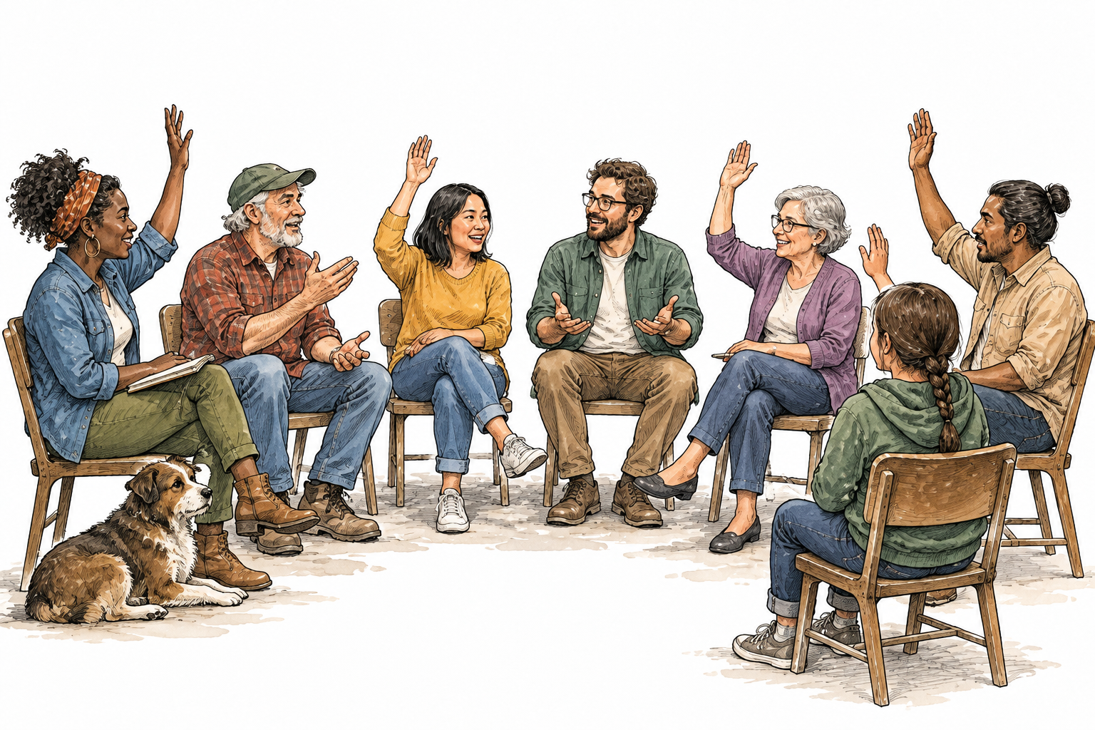 A diverse small community sits in a semicircle discussing a local matter, equal participants and raised hands.