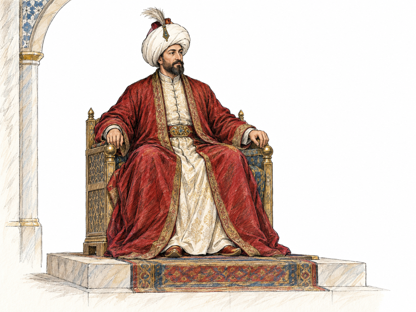 An unnamed Ottoman sultan seated formally on a low, elevated throne, wearing a period-appropriate turban and richly colored kaftan.