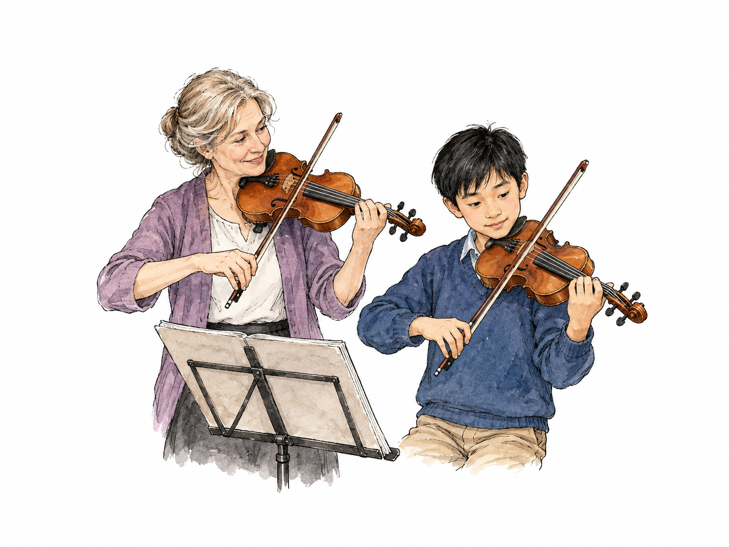 Child easily reproduces a short melody on violin after teacher demonstrates, poised bow and attentive posture.