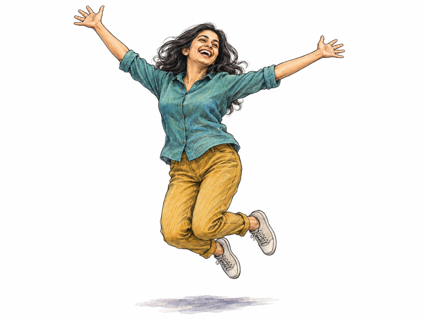 A young woman bursts into an exuberant leap, laughing with both arms flung high.