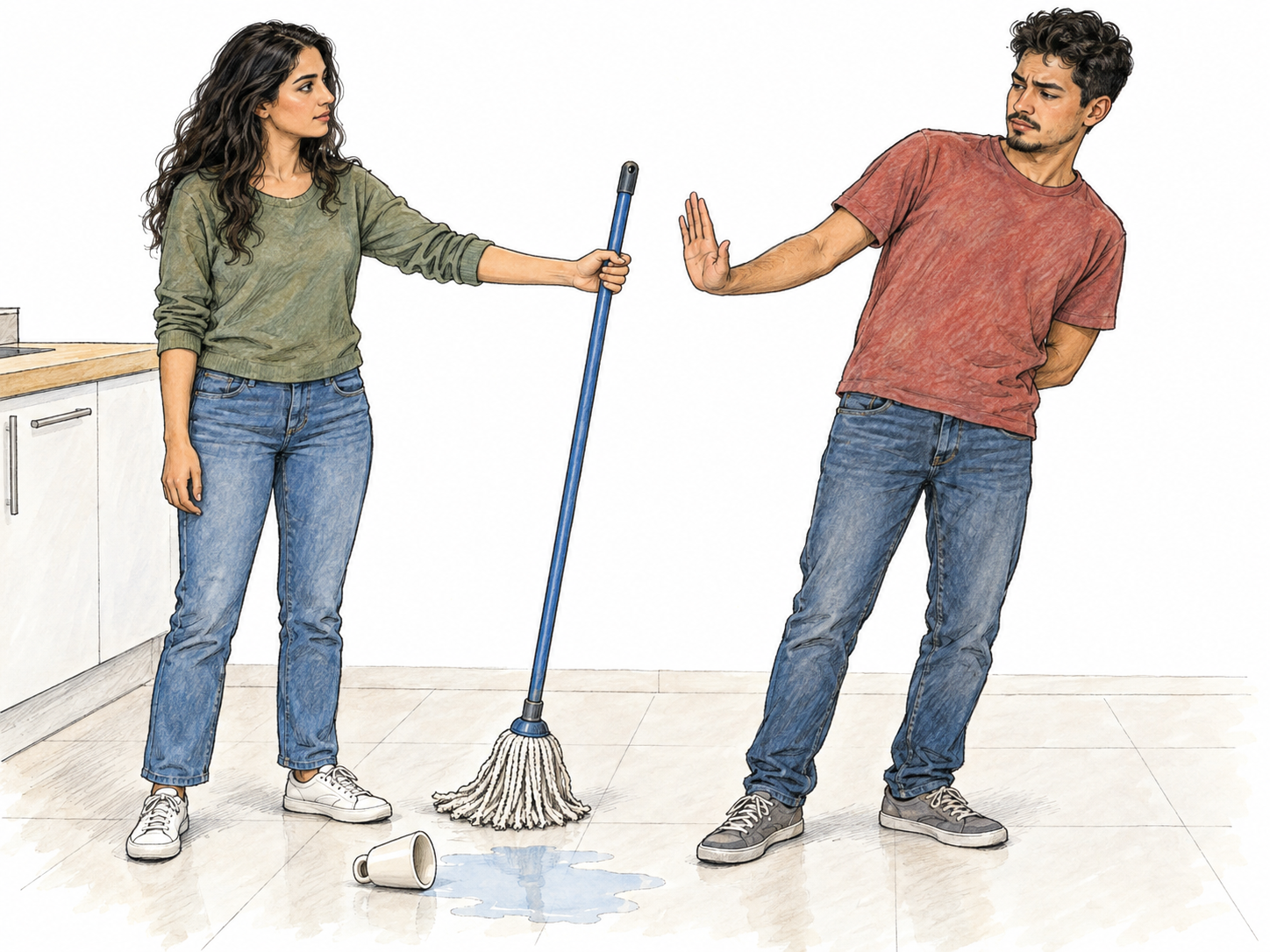 A man visibly refuses an offered cleaning task: he leans away from a mop being offered to him and raises an open palm in refusal beside a plainly visible floor spill.