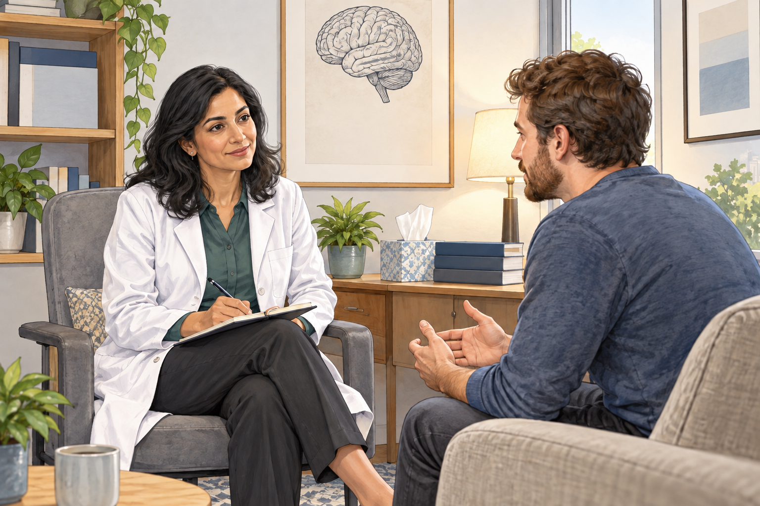 Psychiatrist in a medical office listens respectfully to an adult patient, collaborative calm consultation.