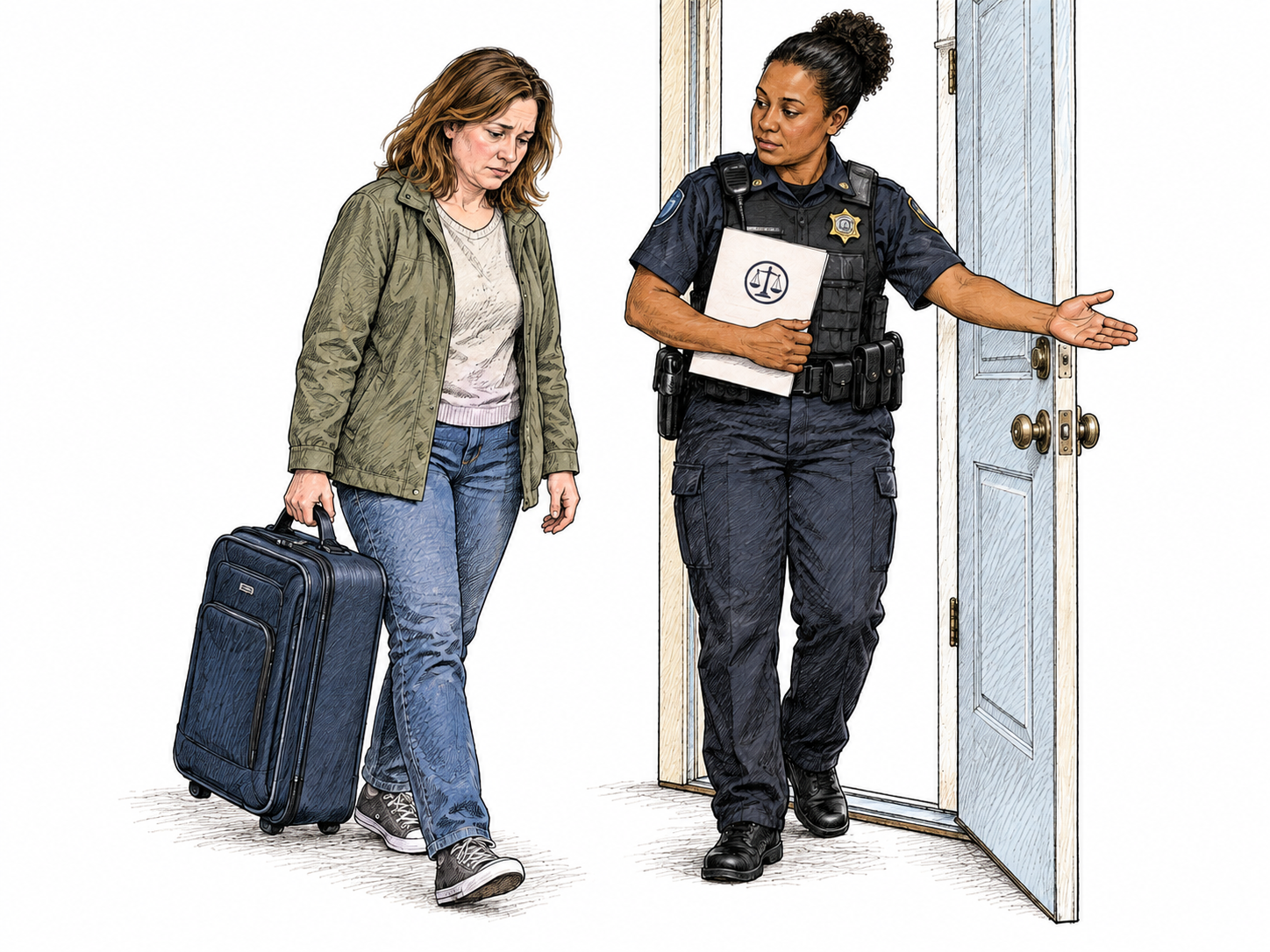 A uniformed court officer calmly directs an adult tenant out through a doorway while holding an official paper bearing only a small scales-of-justice seal.