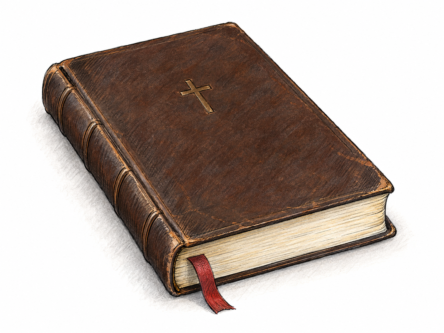 A single closed, well-used Christian Bible with a small embossed cross on its plain leather cover, a visible thin page block, and one ribbon bookmark.