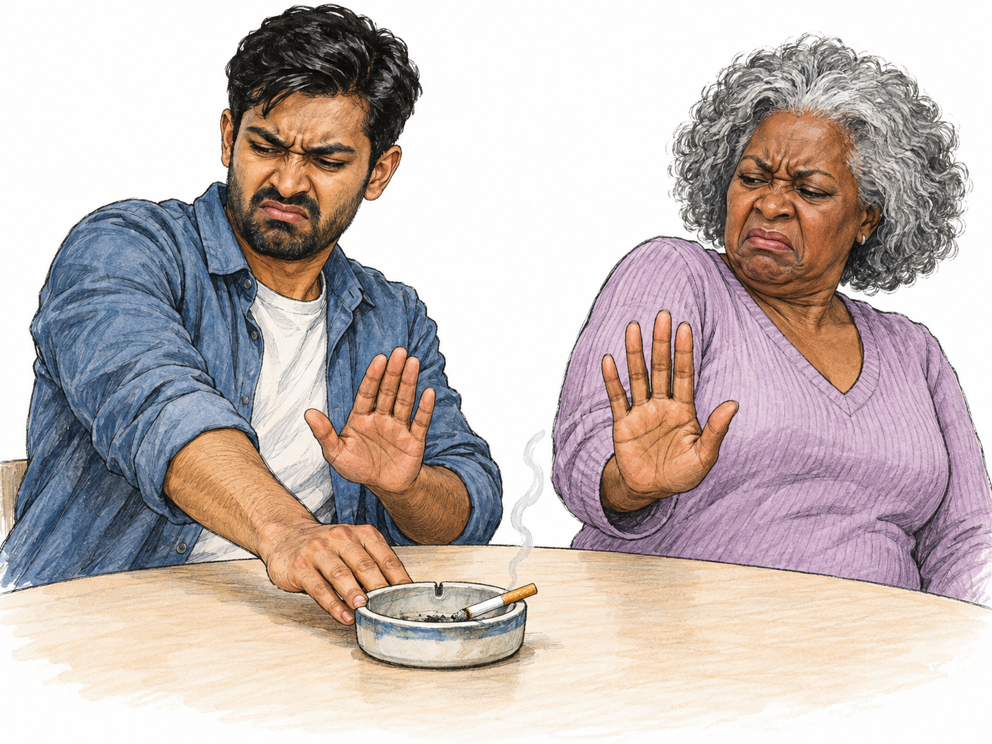 A smoldering cigarette is the unmistakable focus of two people's intense disgust and rejection: a young man pushes its ashtray away while an older woman recoils with an emphatic stop gesture.