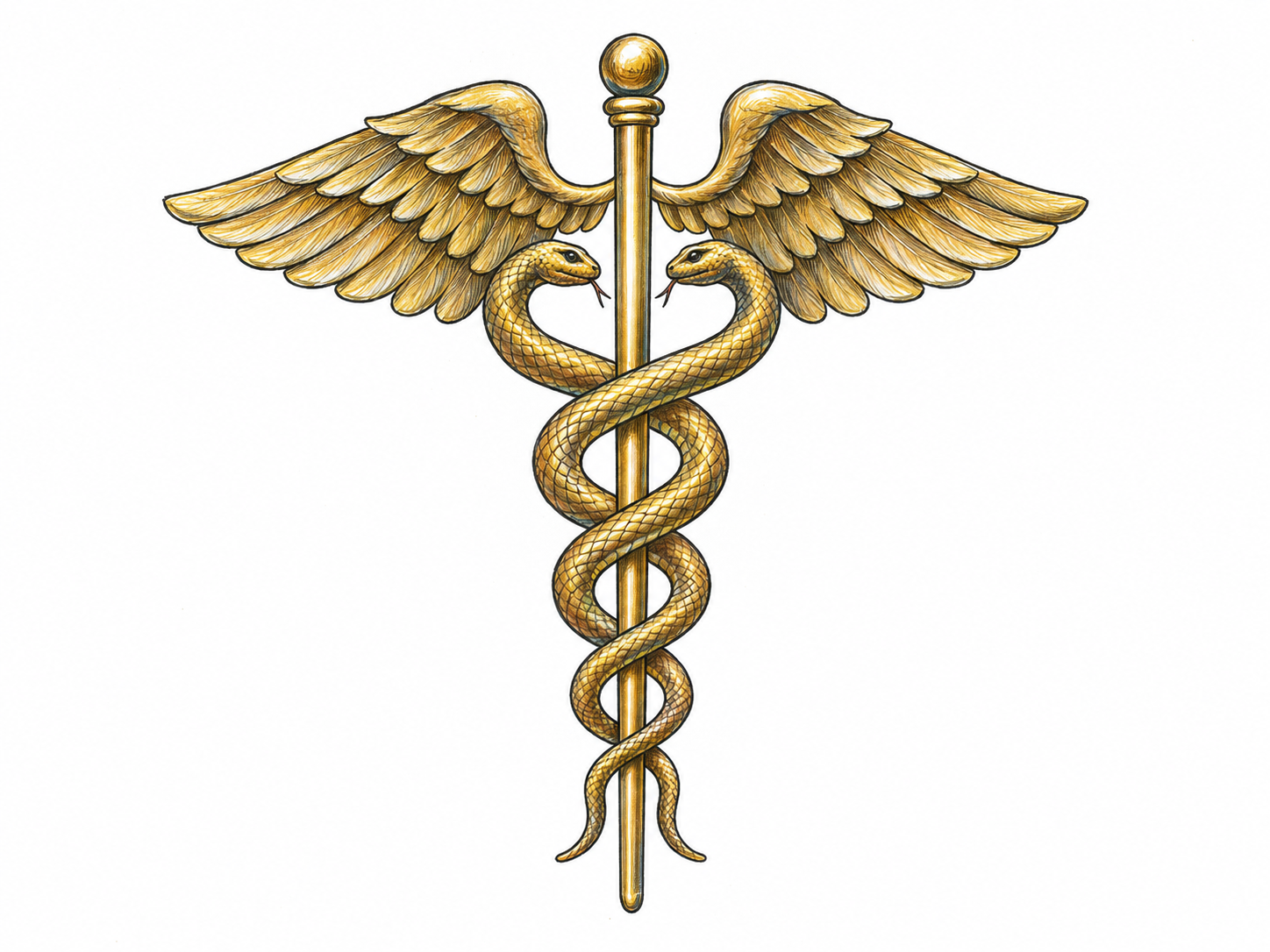 An isolated caduceus: an upright winged staff entwined by exactly two snakes, with their distinct heads facing one another below the wings.