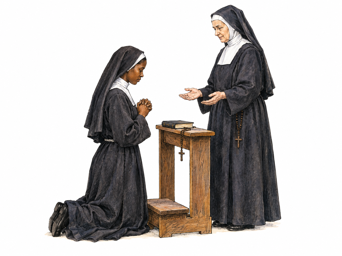 A contemporary Catholic woman religious makes a solemn personal vow before an older woman religious, standing with open hands and simple rosary at a small plain prayer desk.