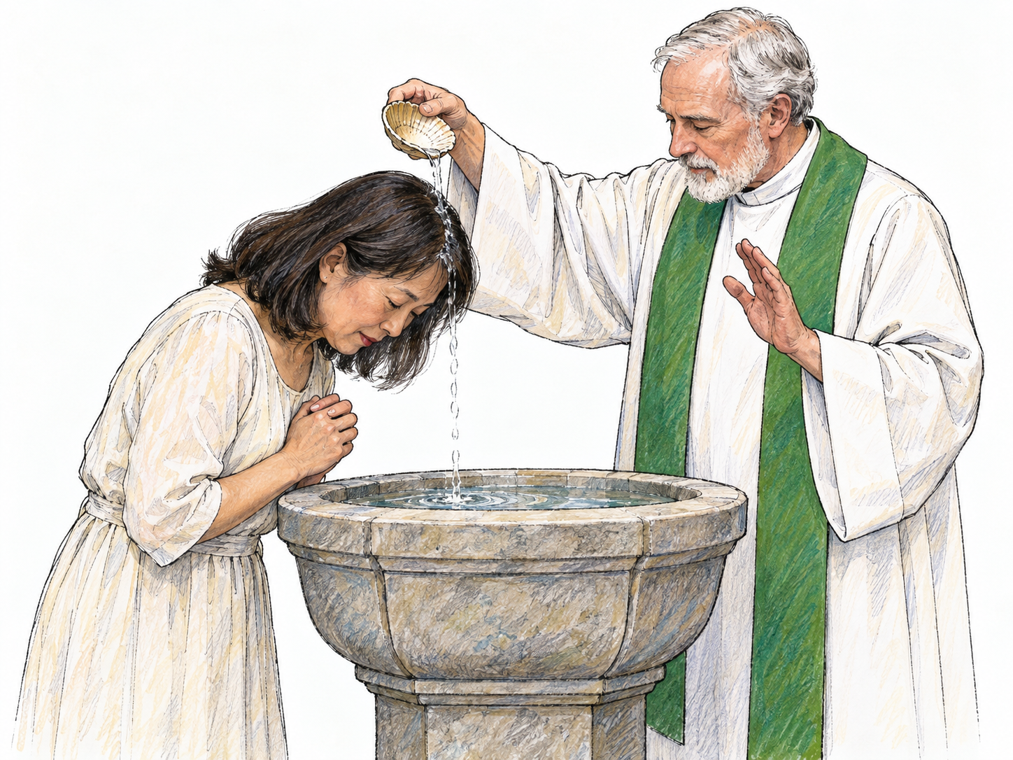 An adult baptism: a robed minister pours a small amount of water over a bowed woman's head above a baptismal font, making a formal ceremonial act visible.